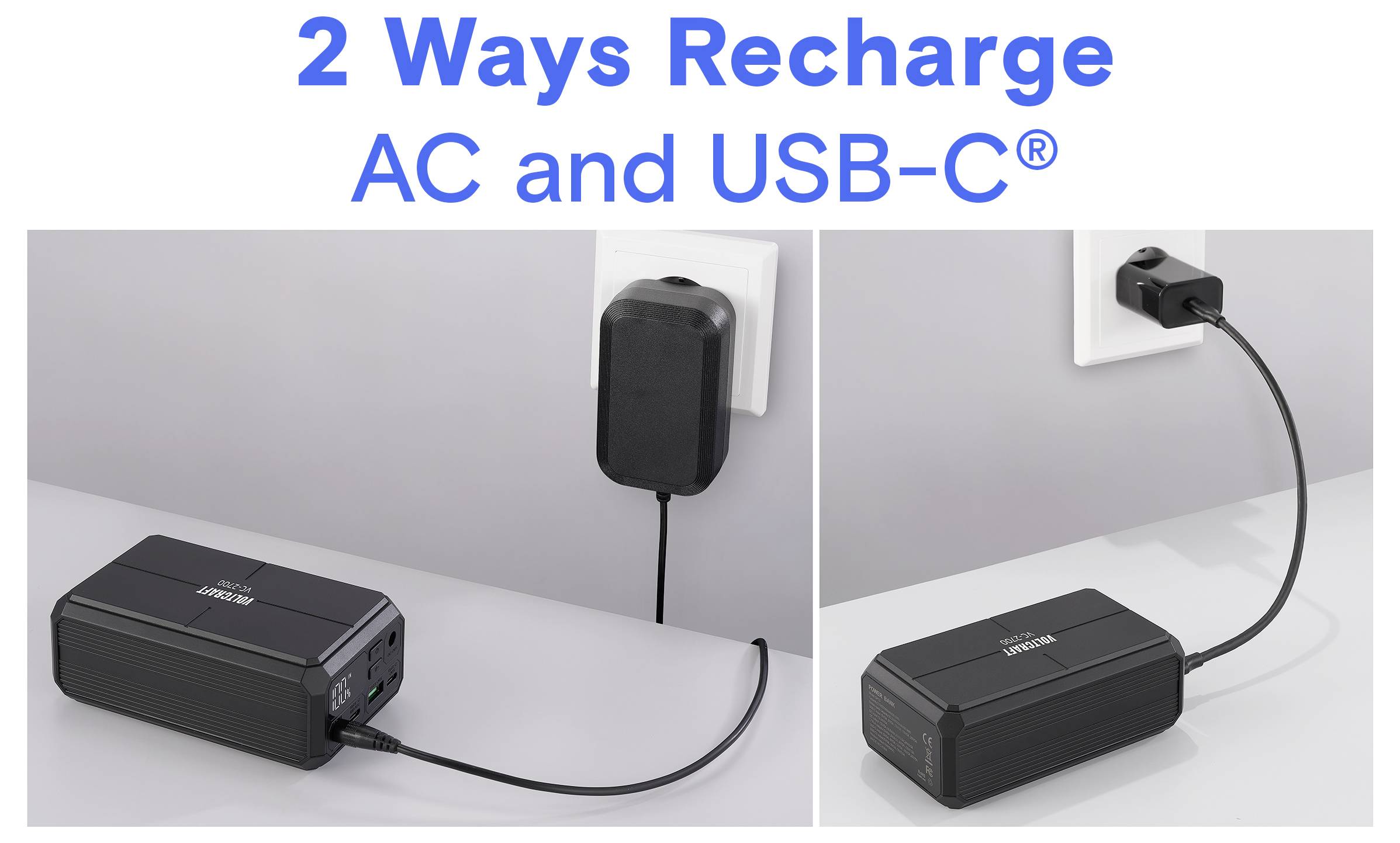 Ilustrace zobrazující dva způsoby nabíjení zařízení: síťový adaptér AC nebo kabel USB-C, s přenosným powerbankem zobrazeným v obou nastaveních.
