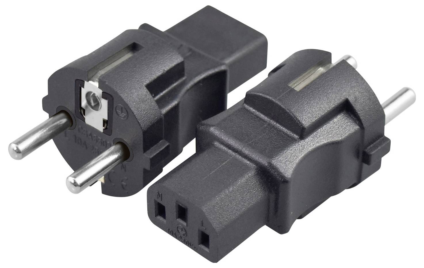 Dva černé evropské elektrické zásuvkové adaptéry se dvěma kulatými kovovými kolíky, zobrazené na bílém pozadí.