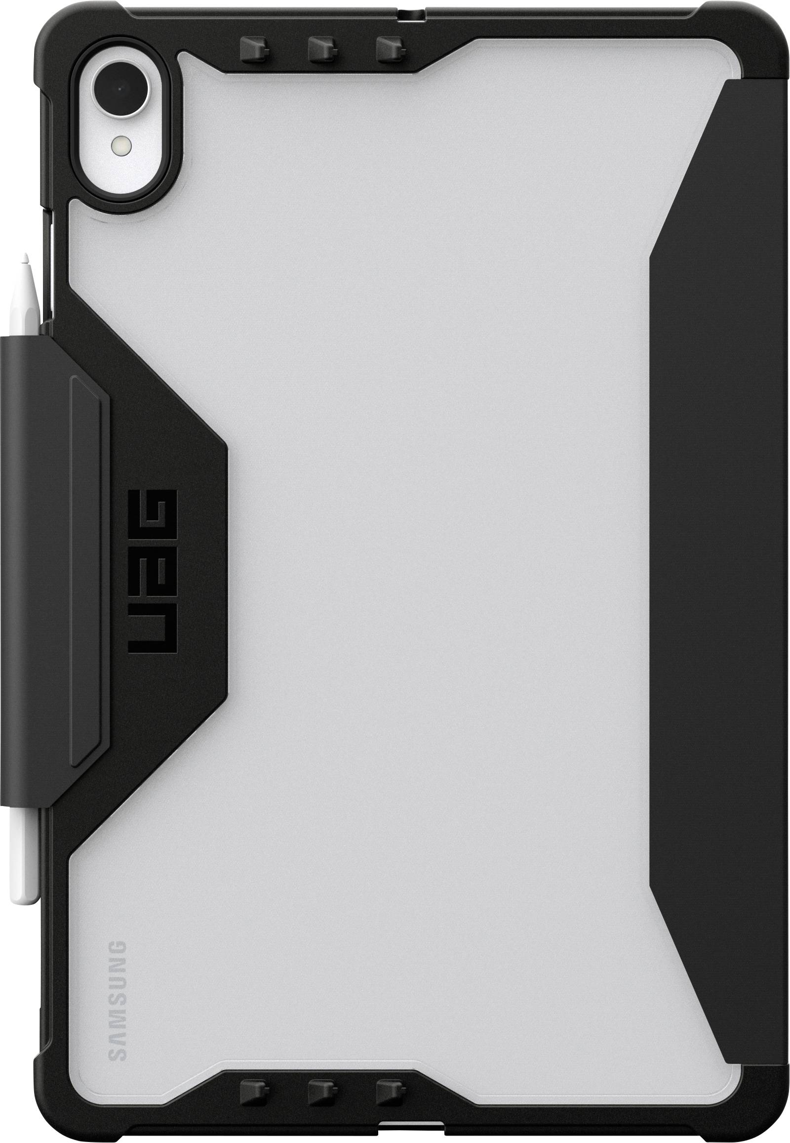 Ochranné pouzdro na tablet s robustním černým designem a průhledným zadkem. Obsahuje držák na stylus na boku.