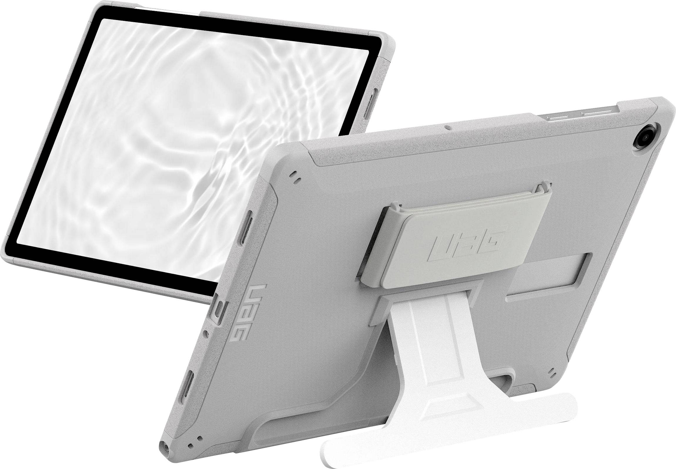 Tablet v ochranném pouzdře se stojanem, na displeji zobrazující efekt vodní vlny, což demonstruje design a funkcionalitu tabletu.