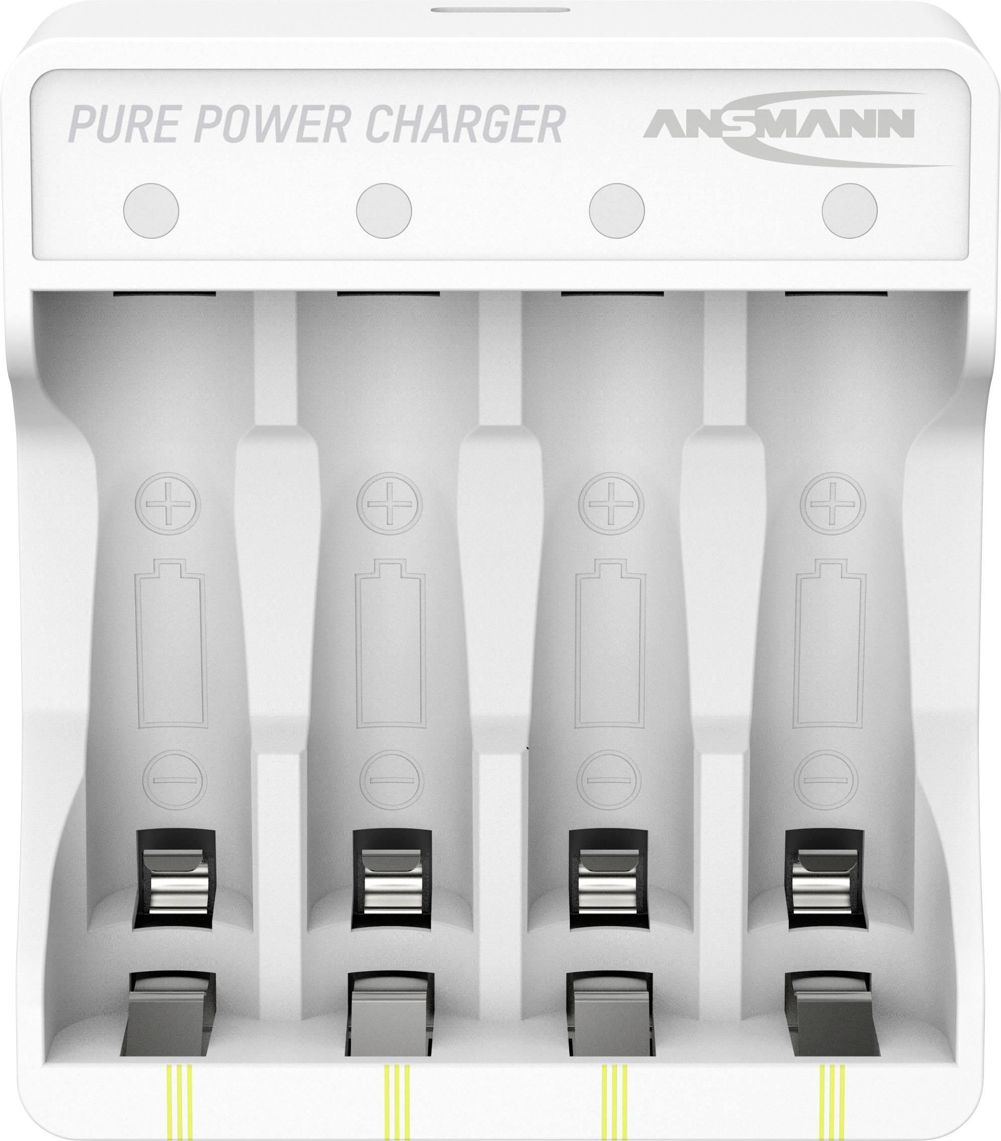 Nabíječka baterií se čtyřmi sloty pro baterie AA nebo AAA, označená "Pure Power Charger" od společnosti Ansmann.