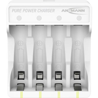 Nabíječka baterií se čtyřmi sloty pro baterie AA nebo AAA, označená "Pure Power Charger" od společnosti Ansmann.