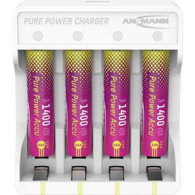 Čtyři baterie AAA v bílé nabíječce Ansmann Pure Power. Baterie jsou označeny „1400 mAh" a „Pure Power Accu".