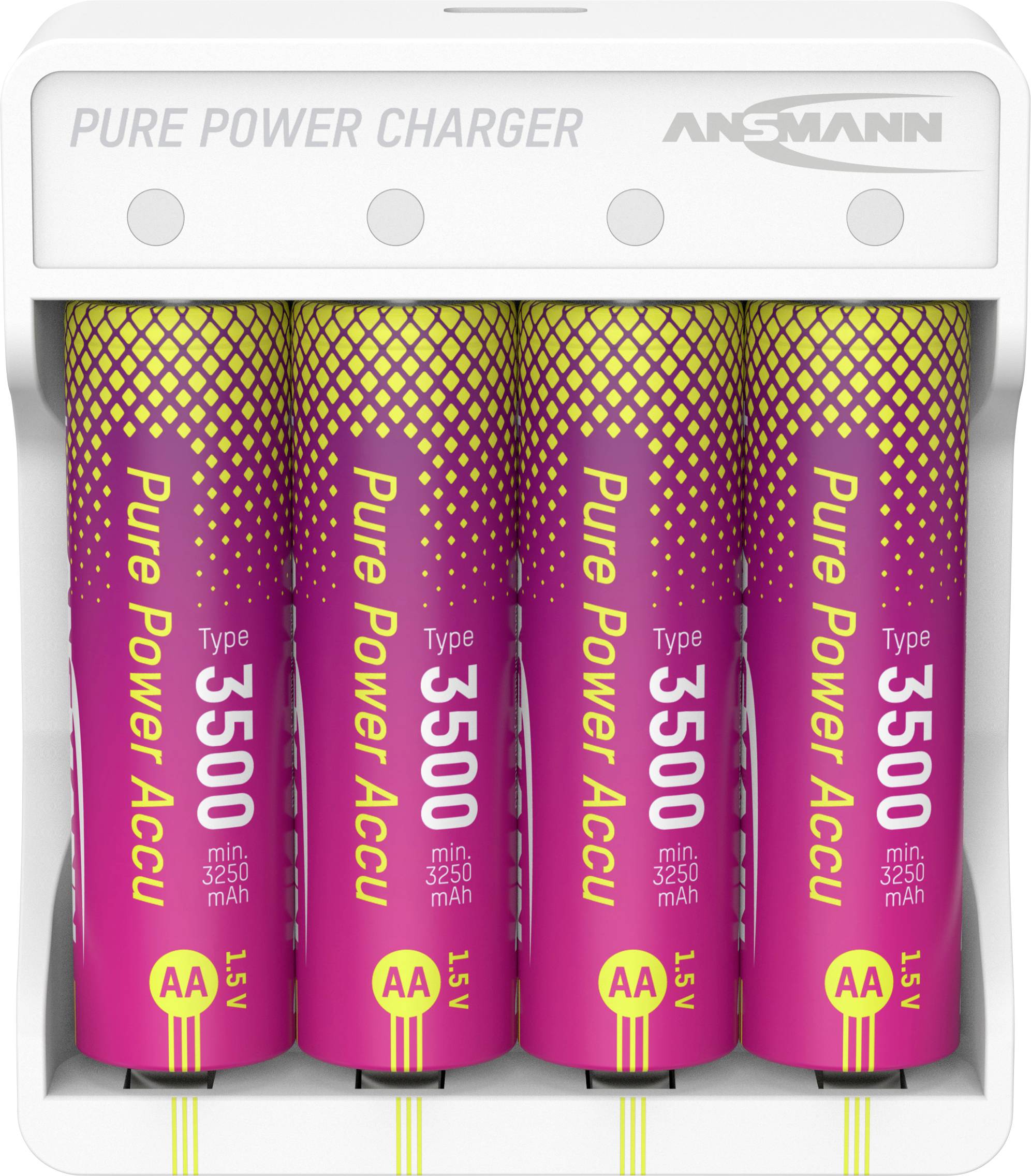 Nabíječka baterií se čtyřmi růžovými nabíjecími bateriemi AA 'Type 3500 Pure Power Accu'. Štítek zní 'PURE POWER CHARGER ANSMANN'.