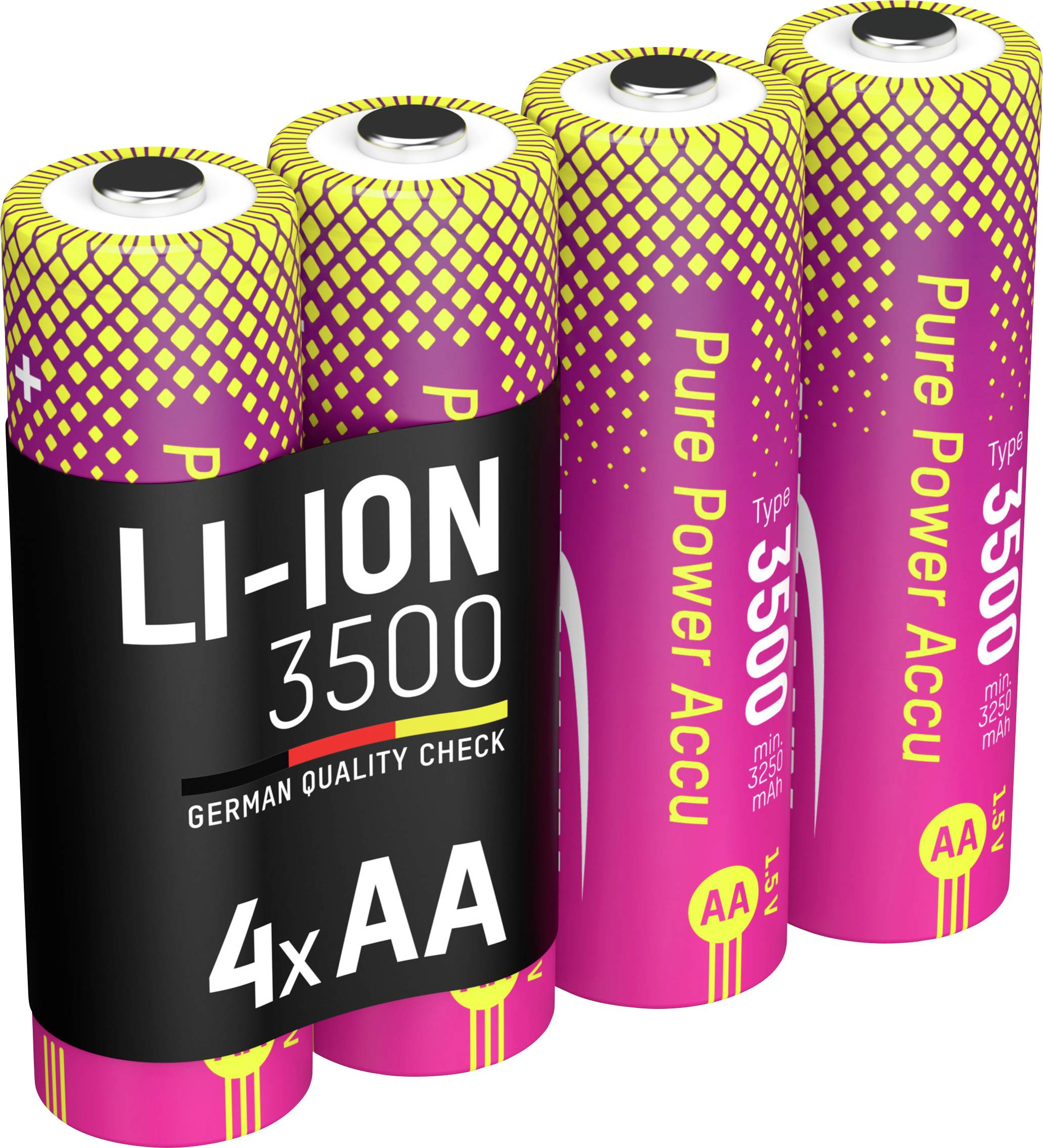 Čtyři baterie AA lithium-iontové s textem: LI-ION 3500, německá kontrola kvality, Pure Power/Accu, typ 3500.