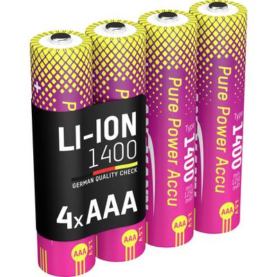 Čtyři růžové a žluté baterie AAA lithium-ion označené jako LI-ION 1400, Pure Power Accu, každá s kapacitou 1250mAh.