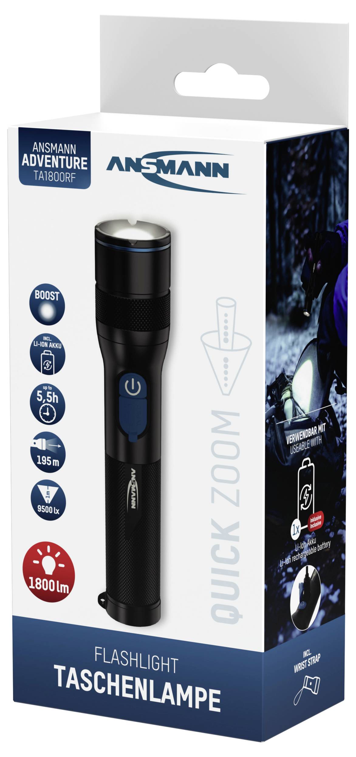 Ansmann LED Taschenlampe Adventure TA1800RF wiederaufladbar 1600-0763 SMD LED kapesní svítilna velký dosah napájeno akum-1