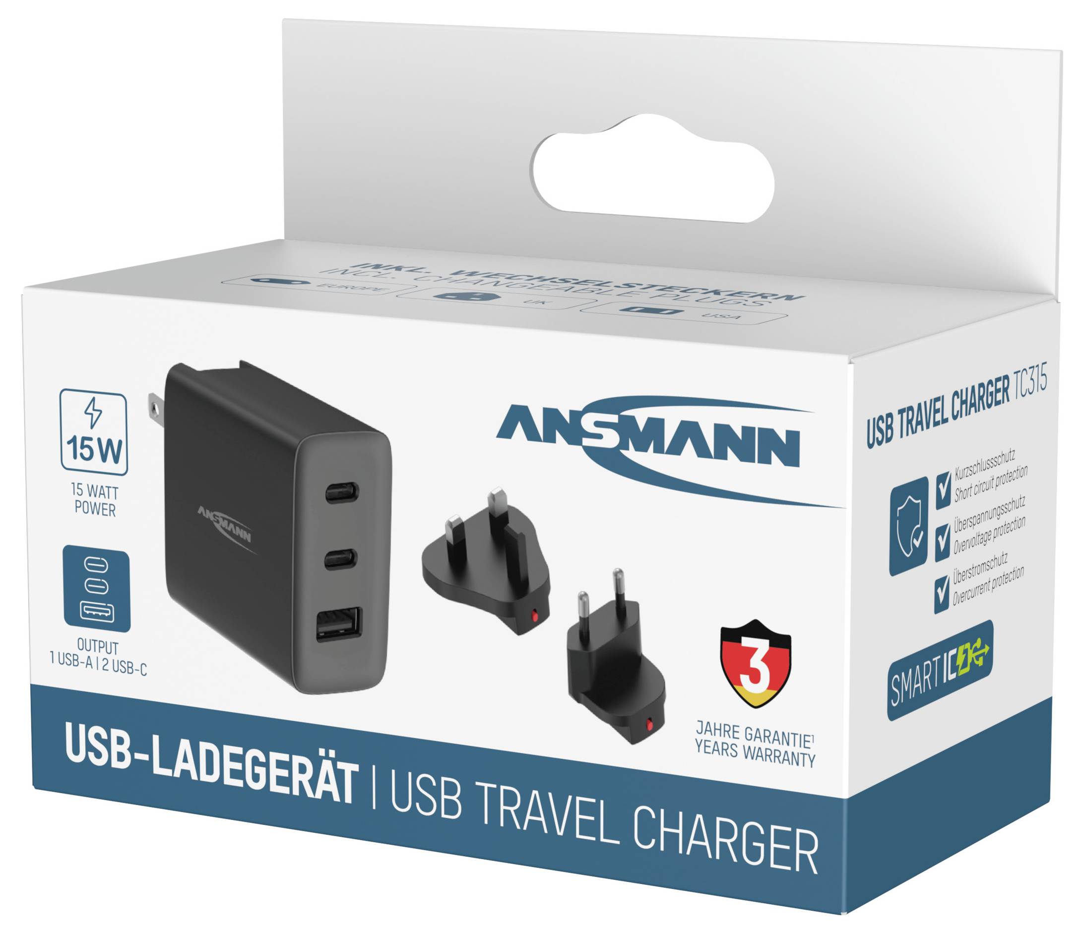 Ansmann USB-Ladegerät Travel Charger TC315 / 3 A / 15,5 W / 3 Port USB nabíječka, USB-A zásuvka, 15.5 W, Smart IC, černá-3