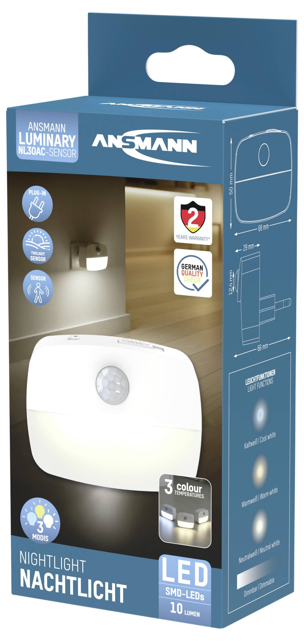 Ansmann Sensor-Nachtlicht NL30 AC 1600-0778 noční světlo s pohybovým senzorem hranatý LED teplá bílá bílá-3