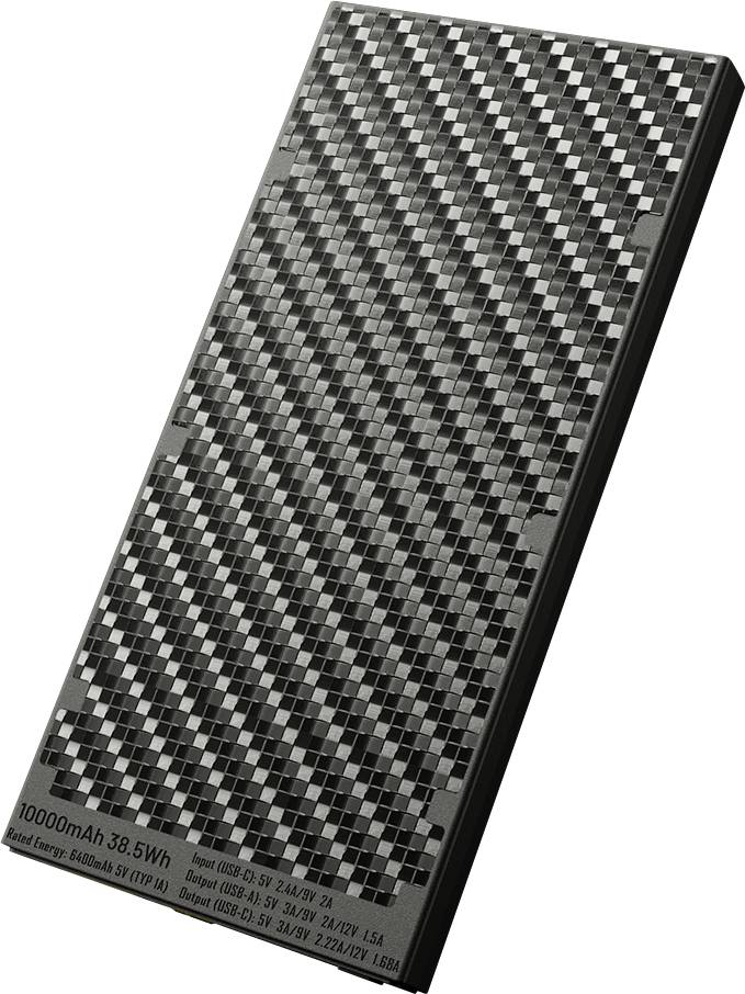 Přenosná nabíjecí stanice s kostkovaným designem a kapacitou 10000mAh, poskytující výstupy kompatibilní s více zařízeními.
