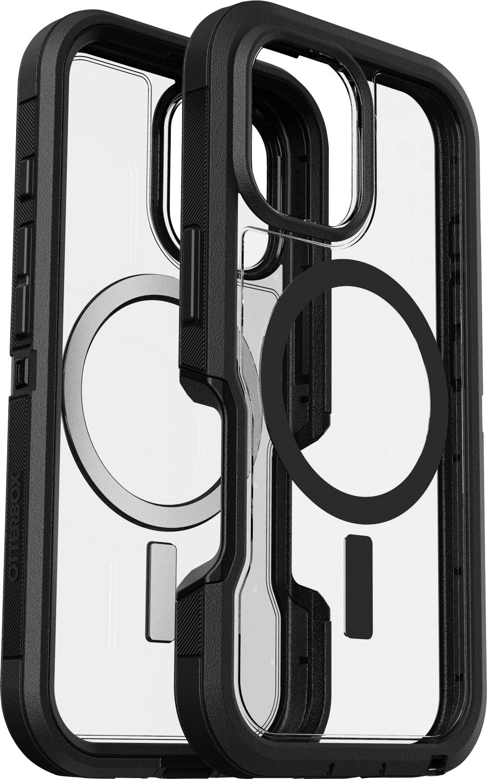 Transparentní pouzdro na telefon s černým nárazníkem, které na zadní straně vykazuje kruhový design, pravděpodobně určený pro kompatibilitu s MagSafe.