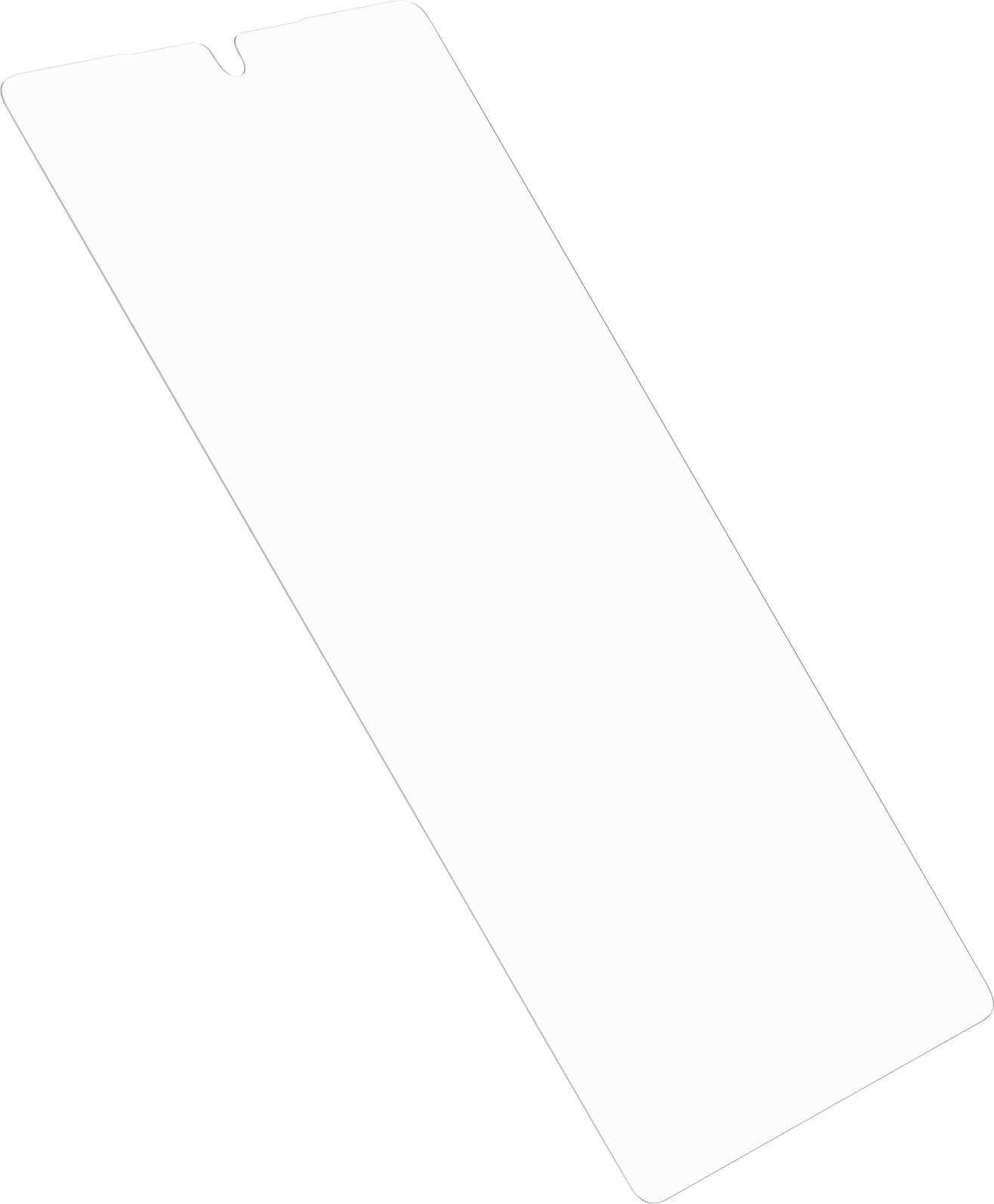 Dlouhý, tenký, bílý obdélníkový předmět s malým zářezem na jednom konci, pravděpodobně ochranný film nebo samolepicí páska.