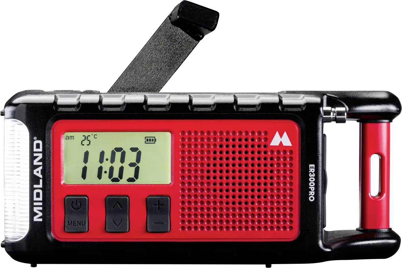 Červené nouzové rádio s LCD displejem zobrazujícím "11:03" a "25°C". Mezi funkce patří svítilna, ruční klika a tlačítka pro menu a ladění.