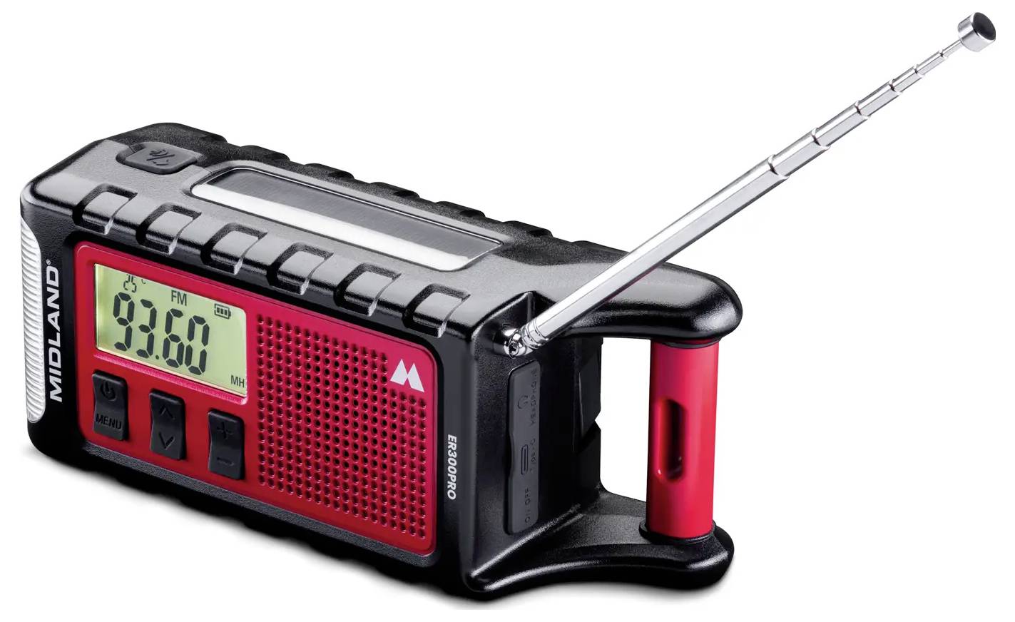 Midland ER 300 Pro C1663 Nouzové rádio, AM, FM, Bluetooth, nouzové rádio, FM, SV, USB, Ruční klika, Solární panel, Funkc-1