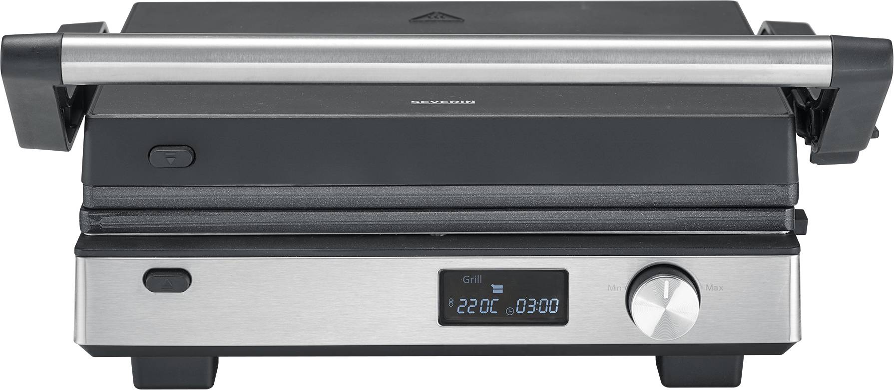 Stříbrno-černý elektrický gril s digitálním displejem zobrazujícím "220C" a "0300". Gril je zavřený a má elegantní, moderní design.
