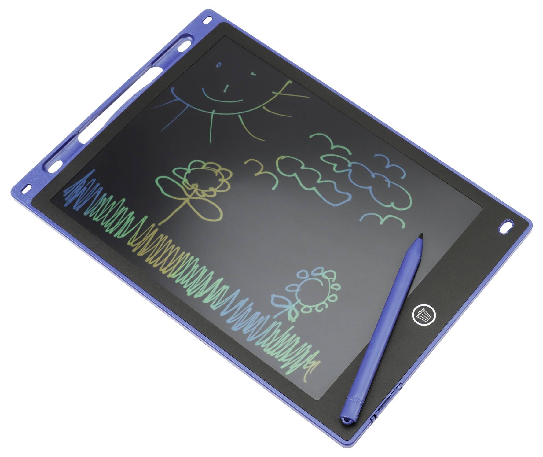 Modrý LCD psací tablet zobrazuje barevné nákresy úsměvajícího se slunce, květin a mraků. Na tabletu spočívá stylus.