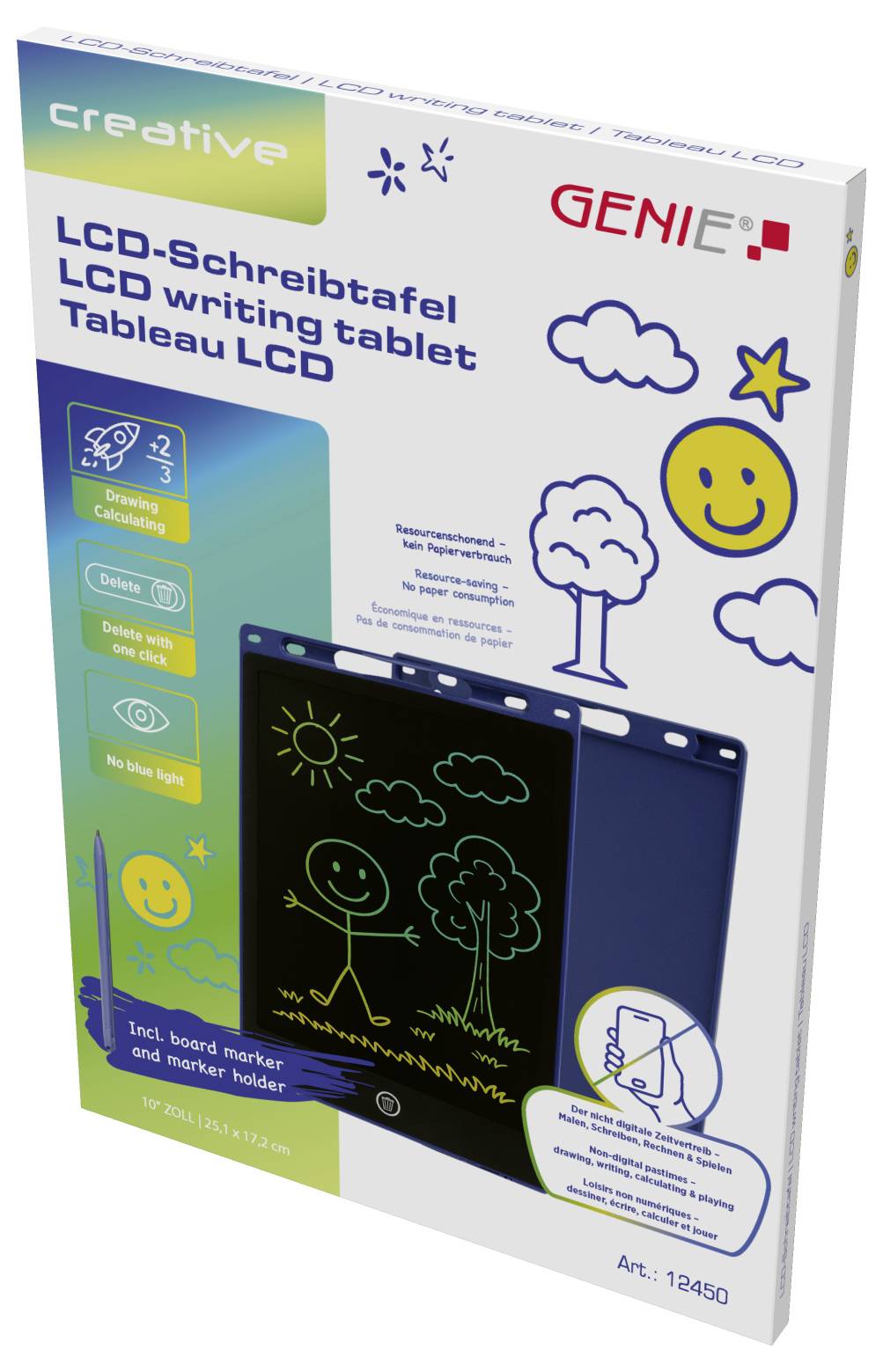 Balení LCD psacího tabletu Creative GENIE zobrazující ilustrace slunce, mraku, stromu a úsměvající tváře. Obsahuje značkovač a stojan.