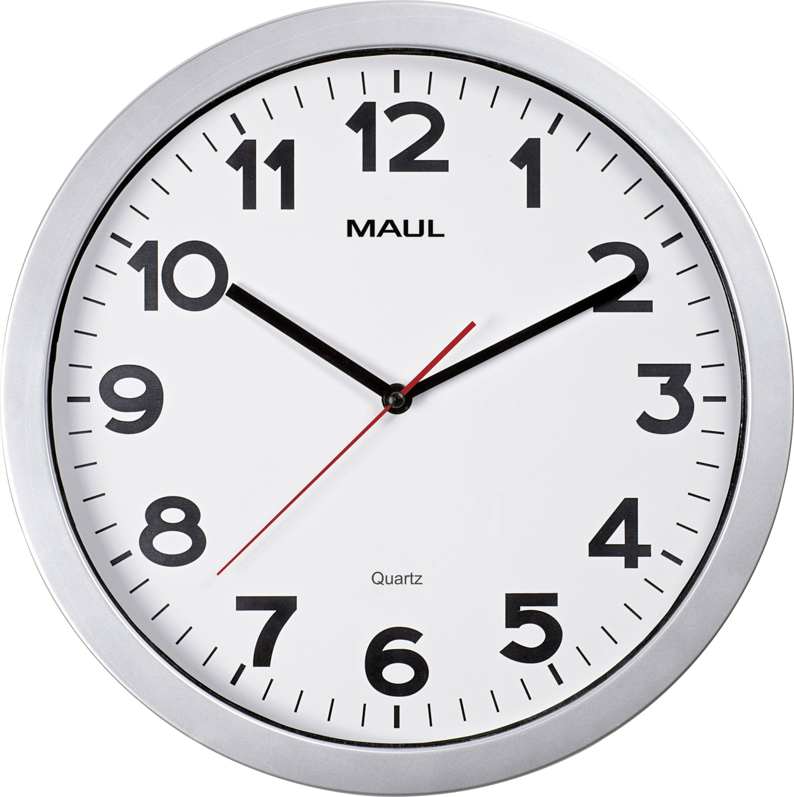 Kulaté nástěnné hodiny zobrazující čas 10:09 s černými hodinovými a minutovými ručičkami, červenou sekundovou ručičkou a tučnými černými čísly.