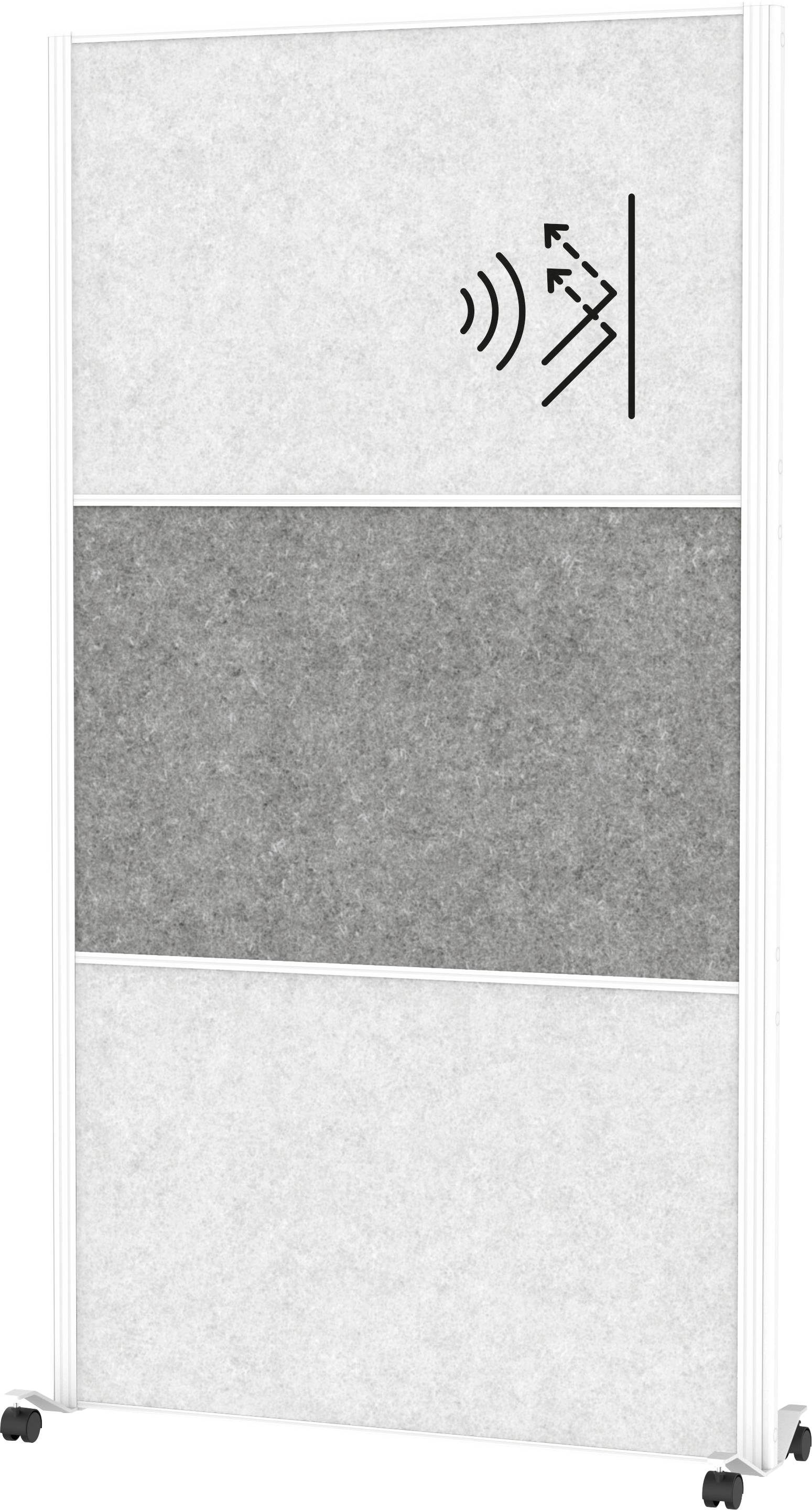 Bílý a šedý panel na kolech s vzorem linií a křivek a symbolem reproduktoru a šipky na horní straně.