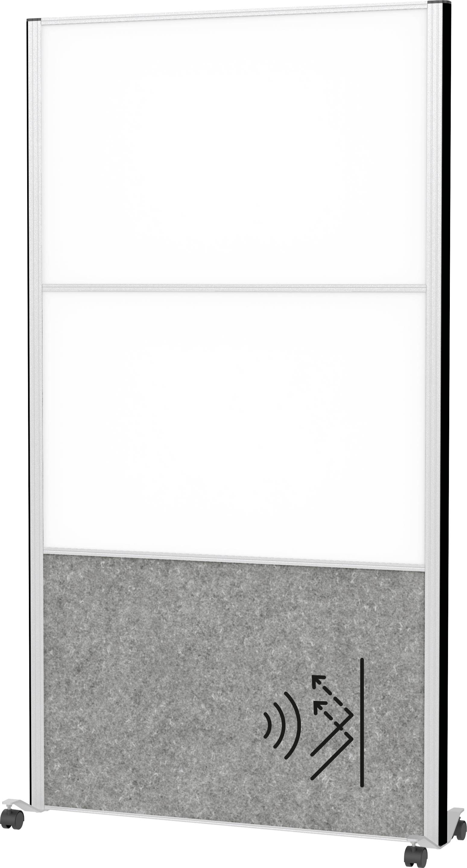 Přenosná tabule s šedou textilní částí v dolní části, s ikonou absorpce zvuku, vhodná pro kancelářské použití.