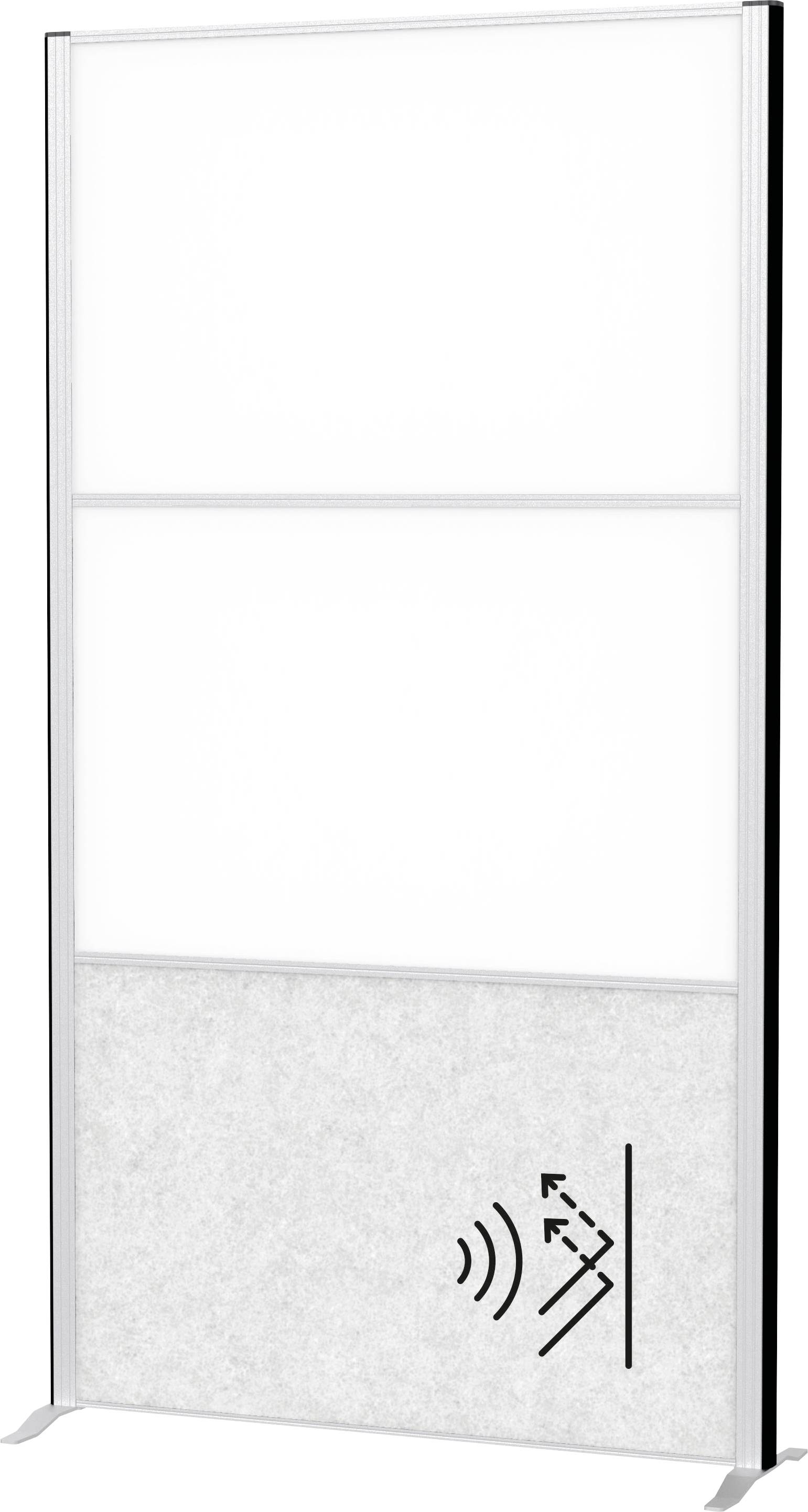 Obdélníkový, vysoký bílý panel se šedou spodní sekcí obsahující ikonu Wi-Fi nebo signálu. Panel stojí na kovových nožičkách.