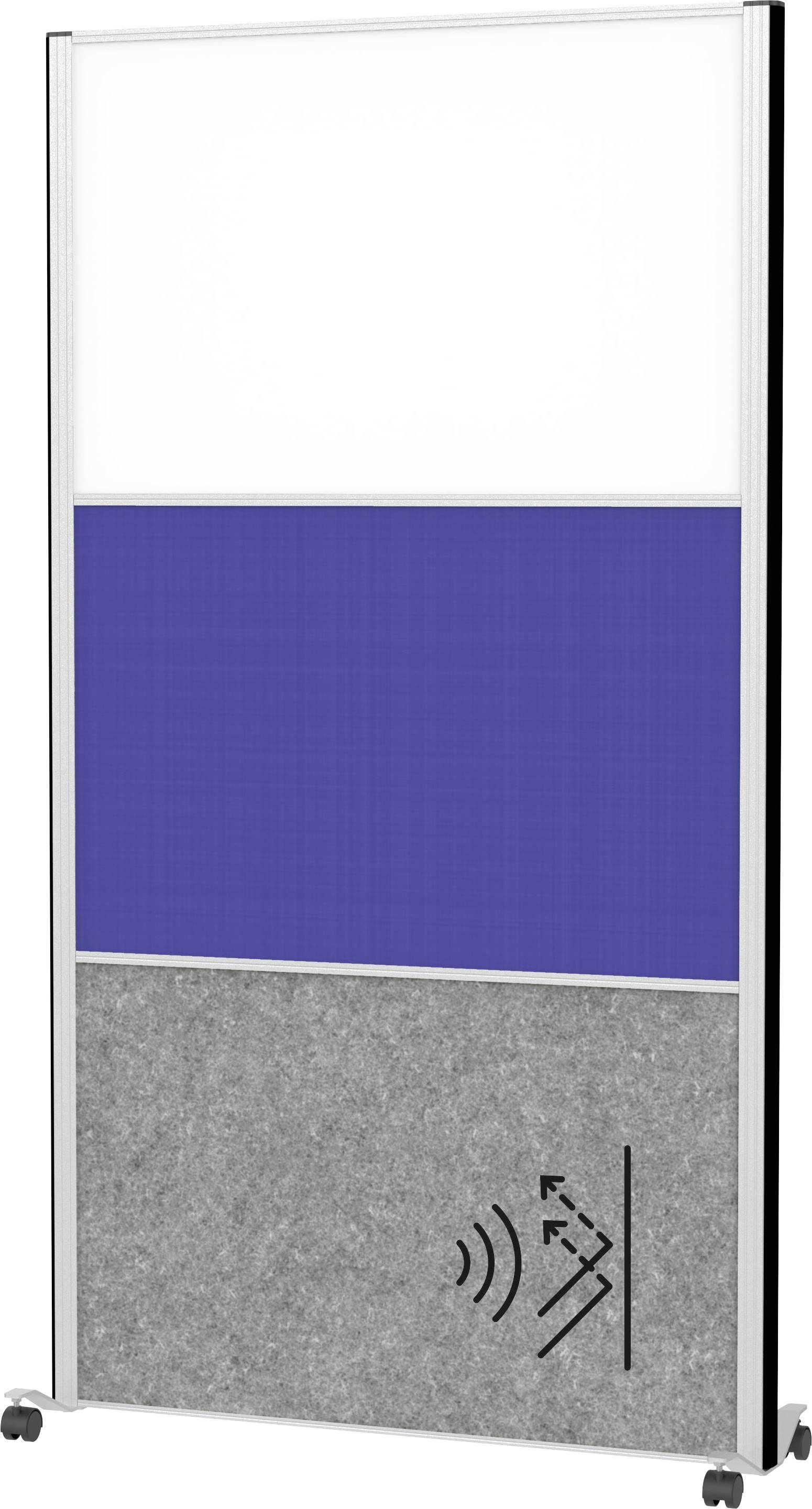 Přenosná přepážka pokoje se třemi panely: bílý, modrý a šedý. Šedý panel má design zvukové vlny, který poukazuje na akustické vlastnosti.
