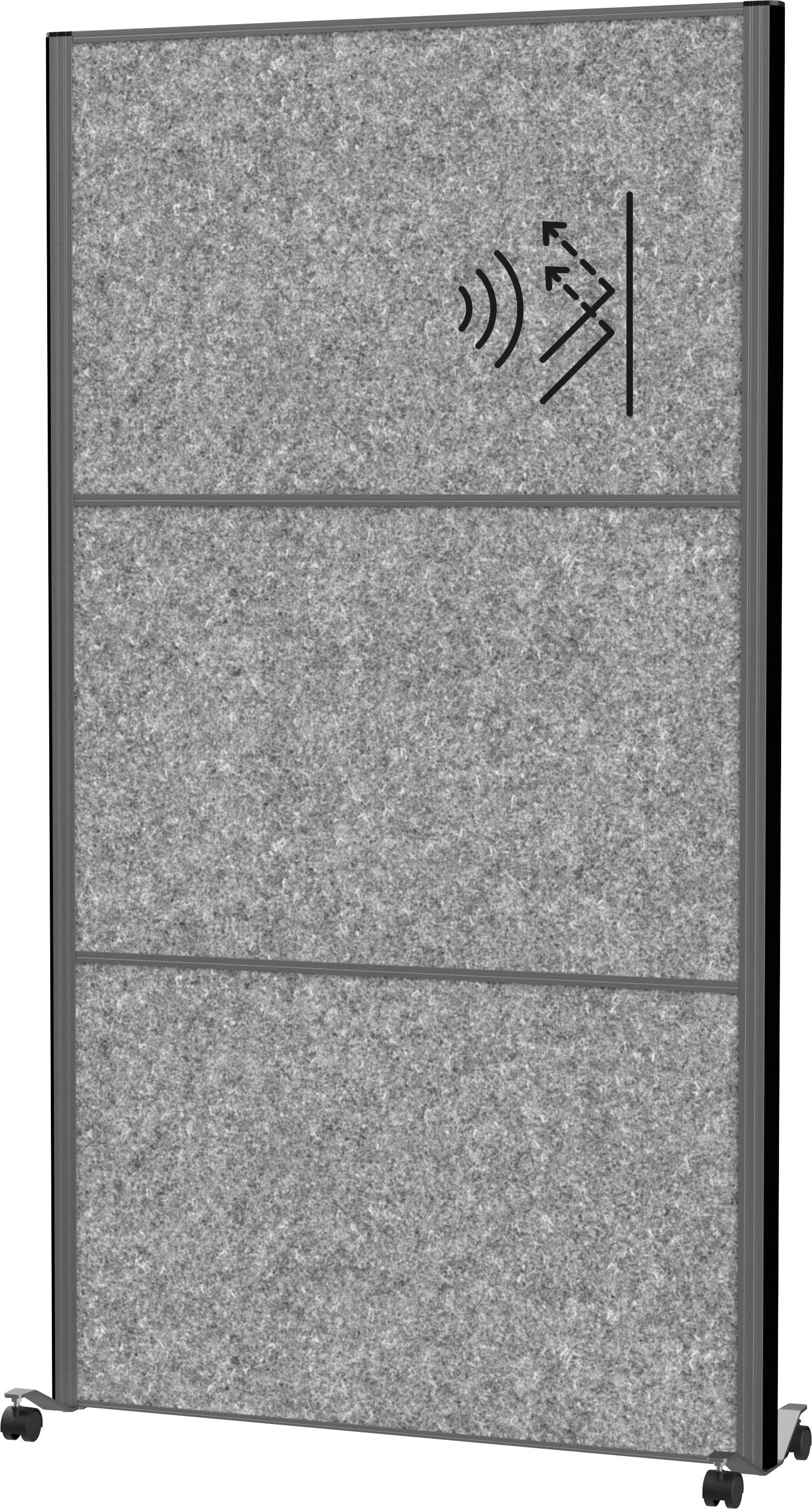 Akustický panel na kolečkách pro flexibilní řešení zvukové izolace s symbolem označujícím vlastnosti absorpce zvuku.