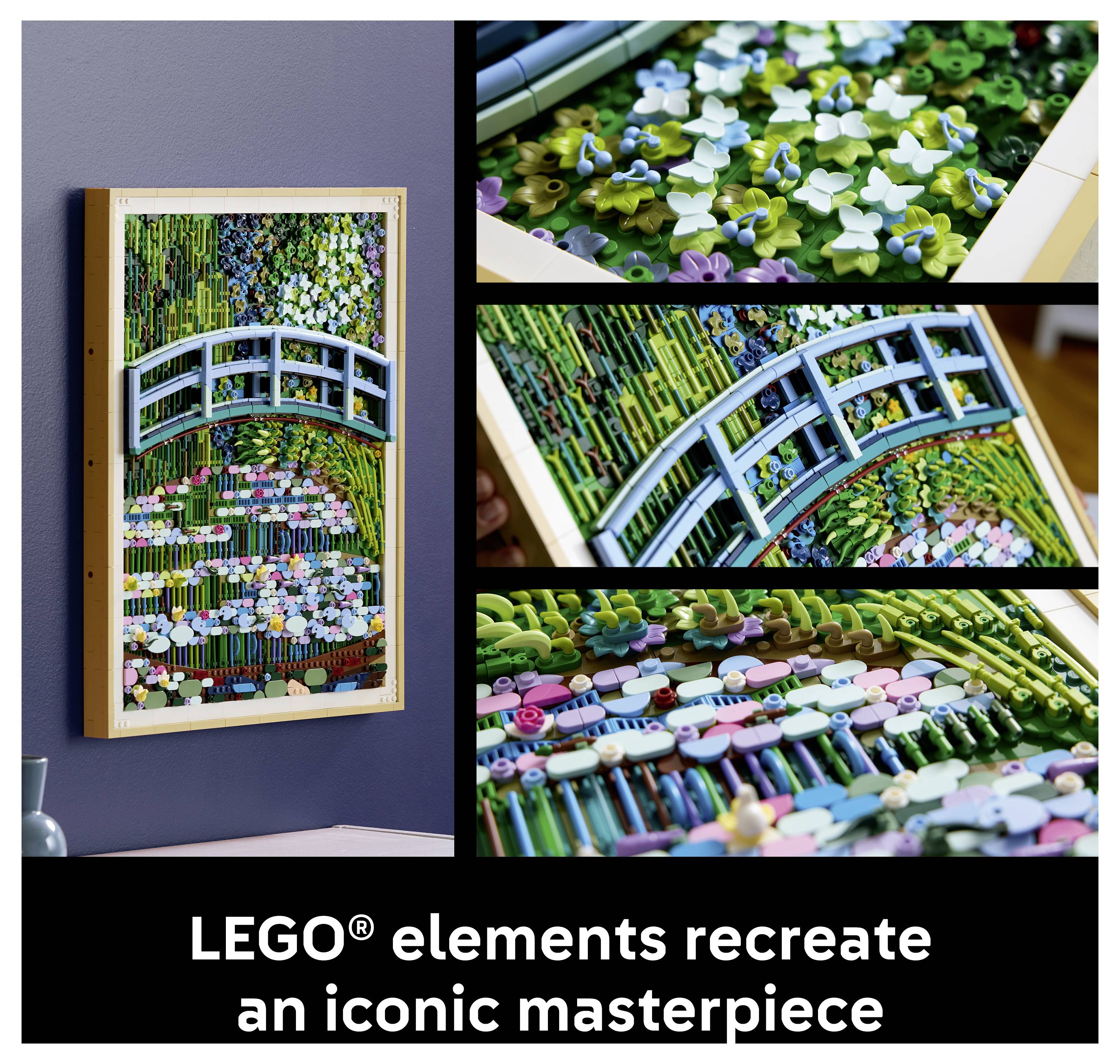 „Prvky LEGO® znovuvytváří ikonické mistrovské dílo" s detailním pohledem na umělecké dílo na bázi LEGO připomínající Monetovy Lekníny.
