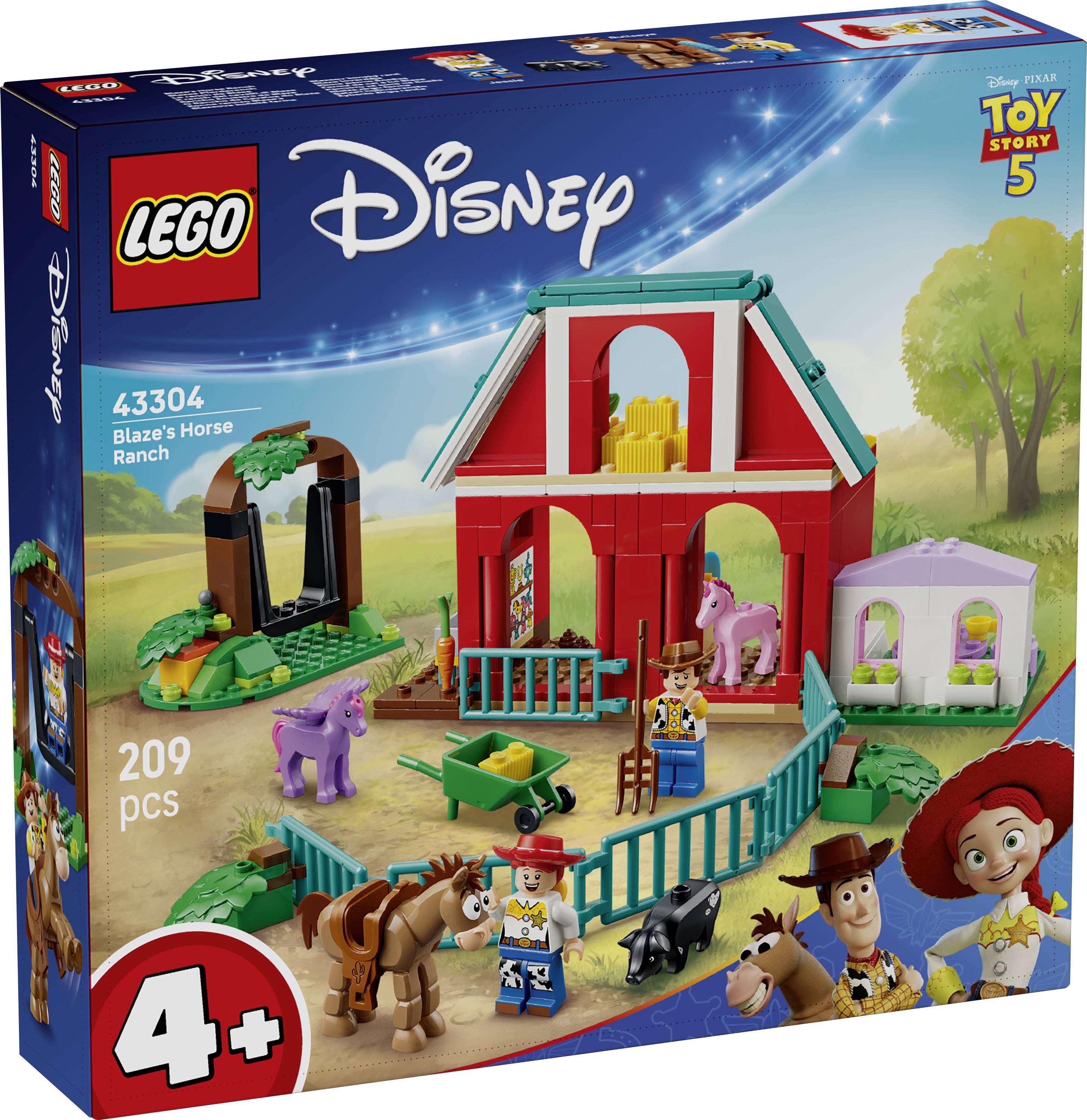 LEGO Disney Toy Story 5 sada Blazeho Ranchu koní s krabicí zobrazující červnou stodolu, figurky koní, Woodye, Jessie a 209 dílků pro věk 4+