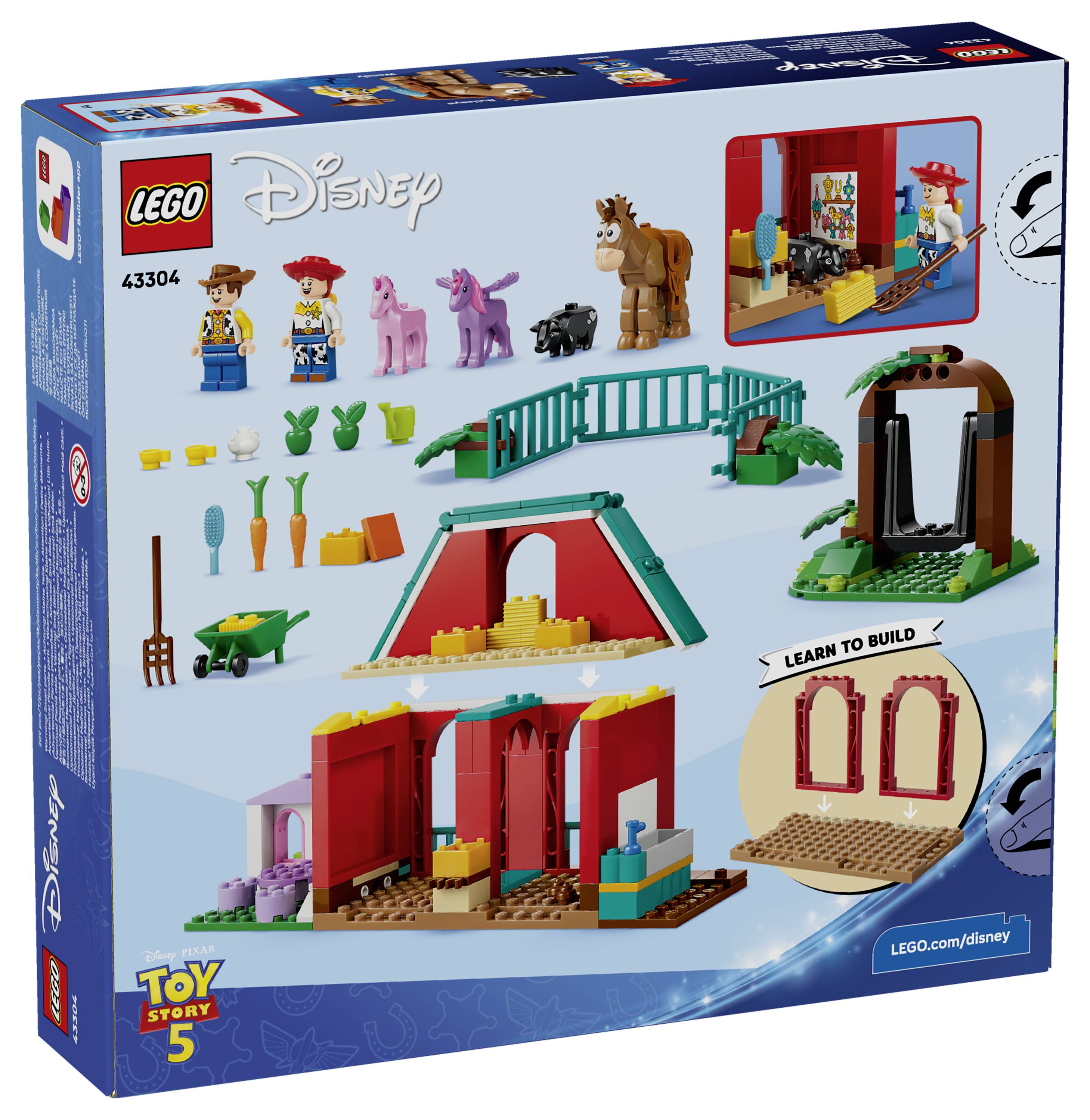 Krabice stavebnice LEGO Disney Příběh hraček 5 zobrazující figurky, zvířata, příslušenství a příklady staveb včetně mostu, oblouku a scény z filmu.