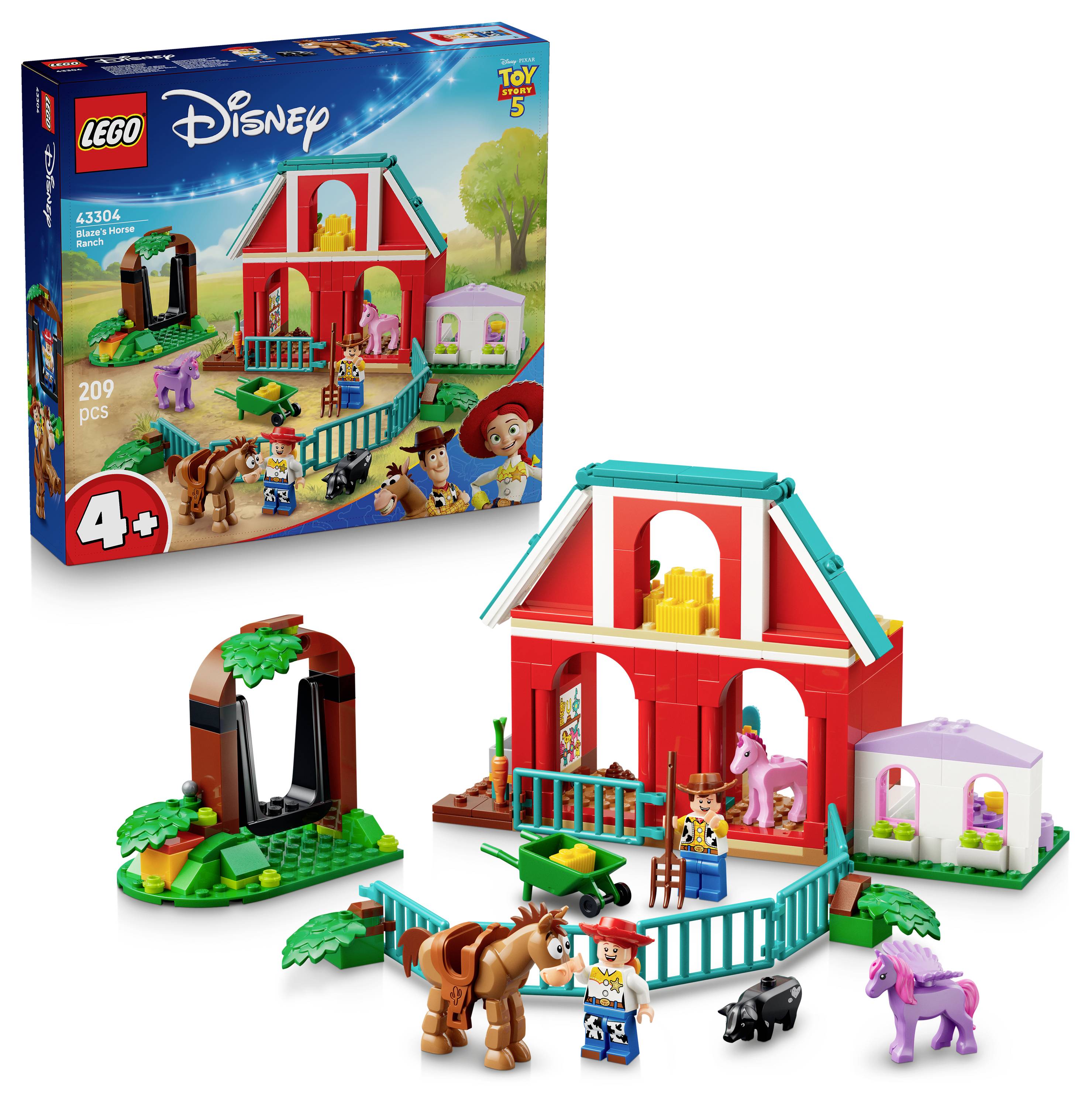 LEGO Disney Toy Story sada pro děti od 4 let se stodolou, balení, červená stodola, plot, figurky, kůň a malé figurky zvířat zobrazené na bílém pozadí.