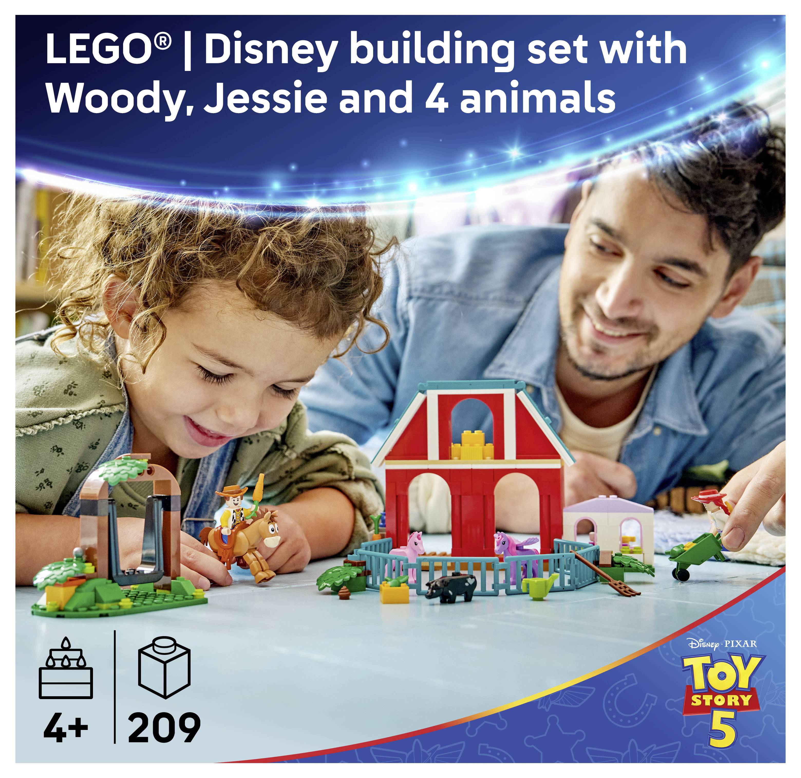 LEGO Disney Toy Story 5 stavebnice obsahující Woodye, Jessii a 4 zvířata; 209 dílků, věk 4+.