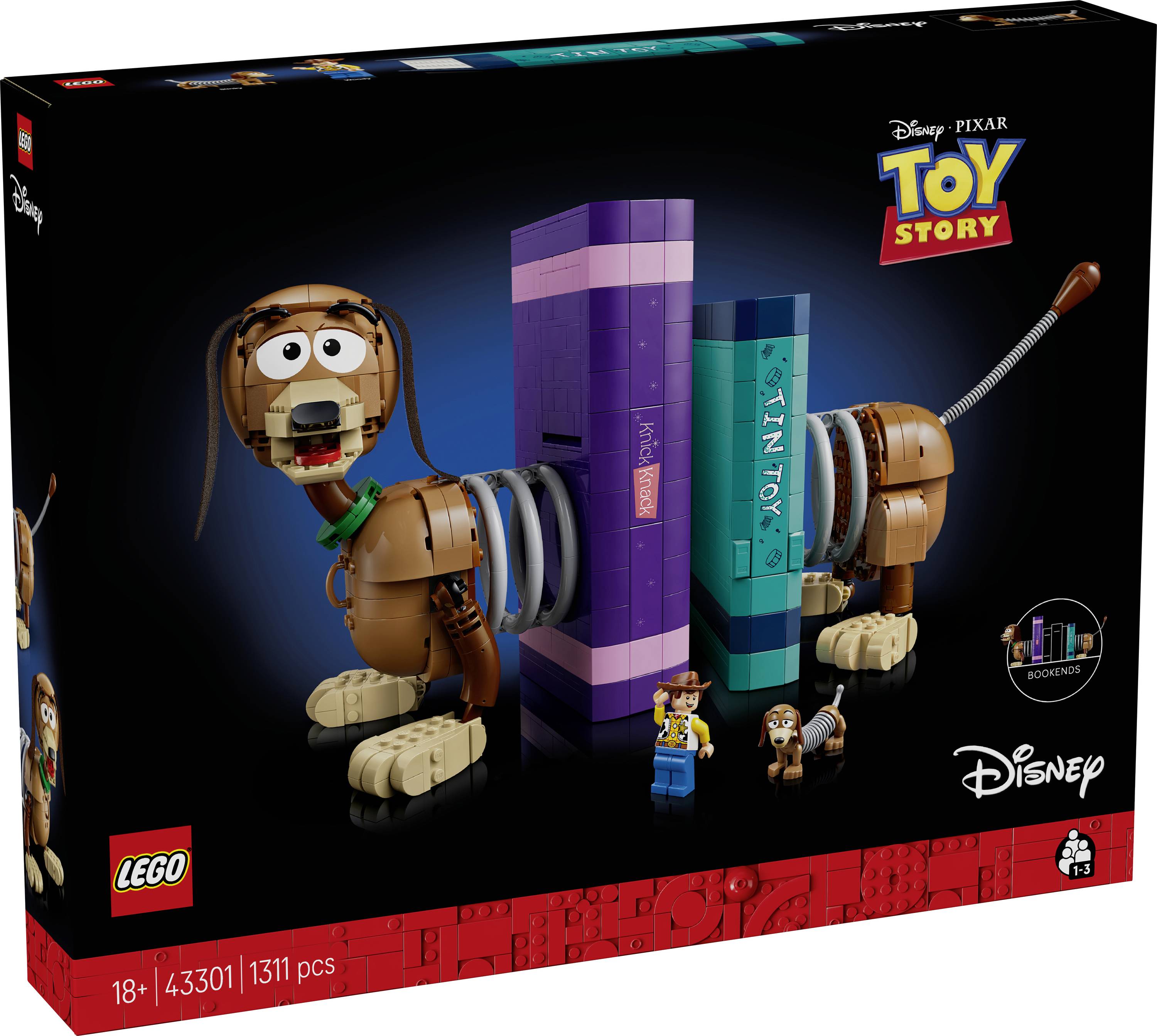 Stavební sada LEGO Disney Pixar Toy Story 18+ na krabici s postavou z cihel postaveného Slinky Dog a postavami z filmu.