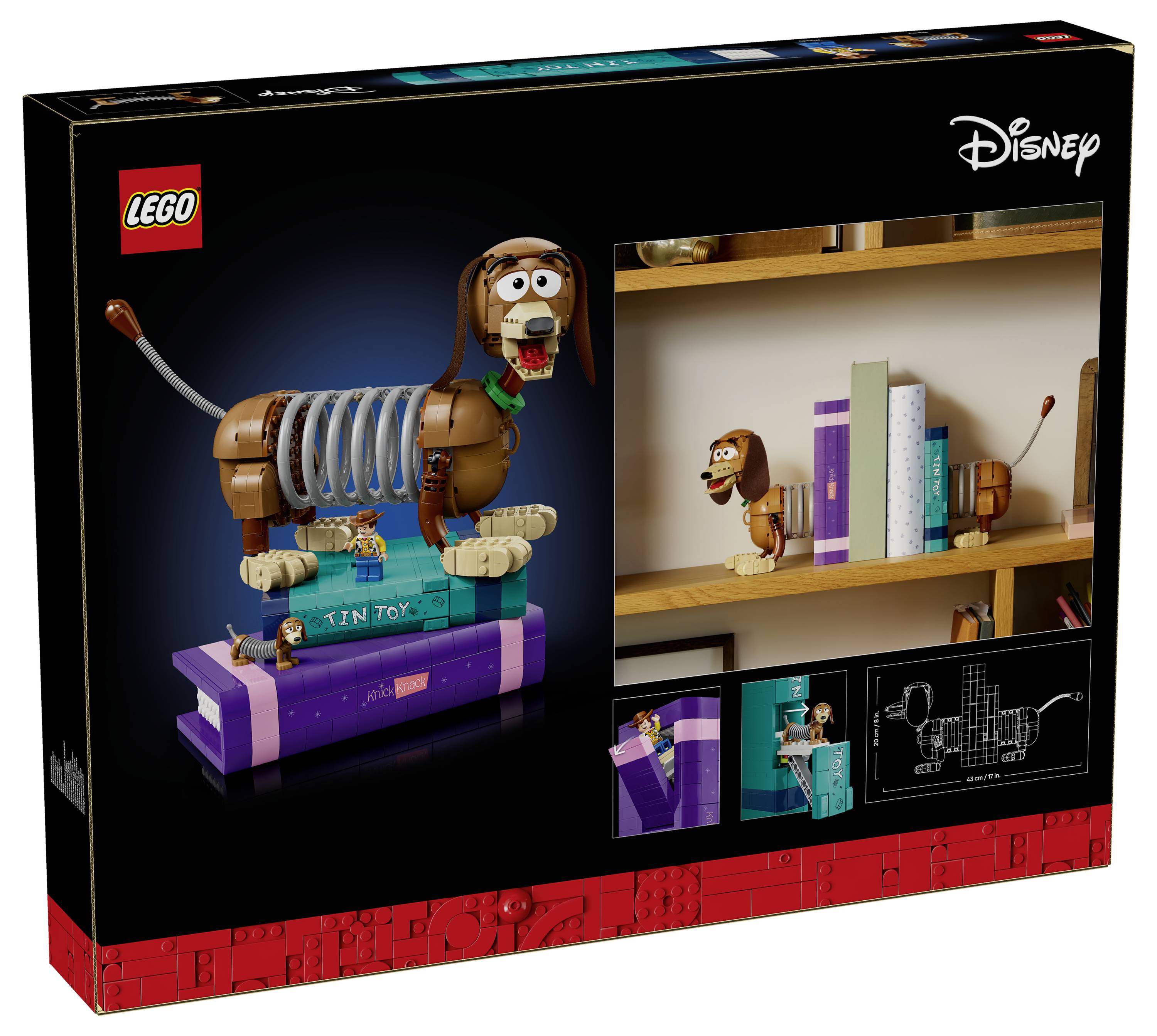 LEGO Disney 'Cínová hračka' stavební sada s krabicí zobrazující figurku hracího psa a výstavní scénu s knihovnou.