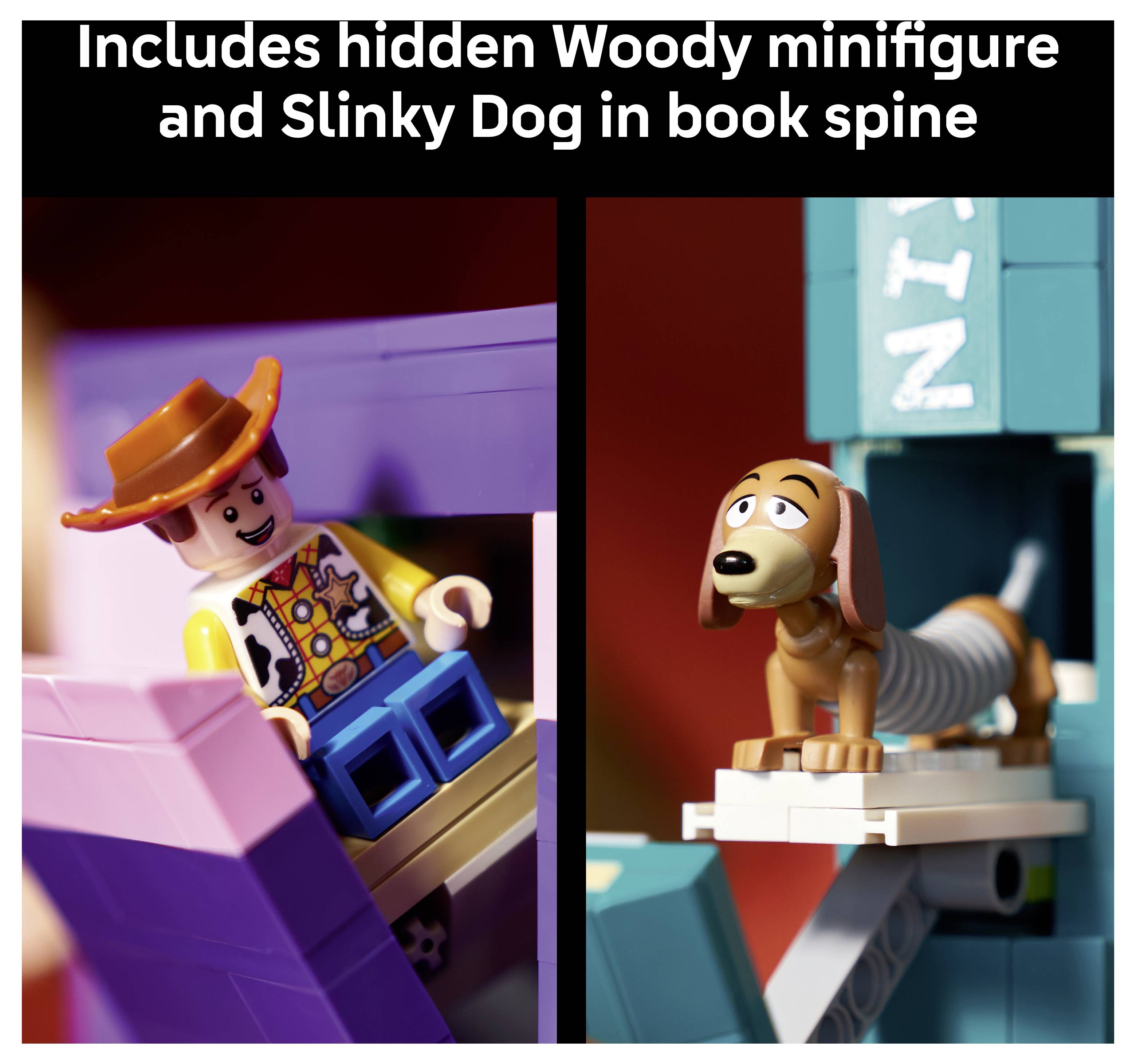 Rozdělený obrázek ukazující skrytou minifigurku LEGo Woody v hřbetu knihy vlevo a Slinky Dog v hřbetu knihy vpravo; popis říká "Obsahuje skrytou minifigurku Woody a Slinky Dog v hřbetu knihy"