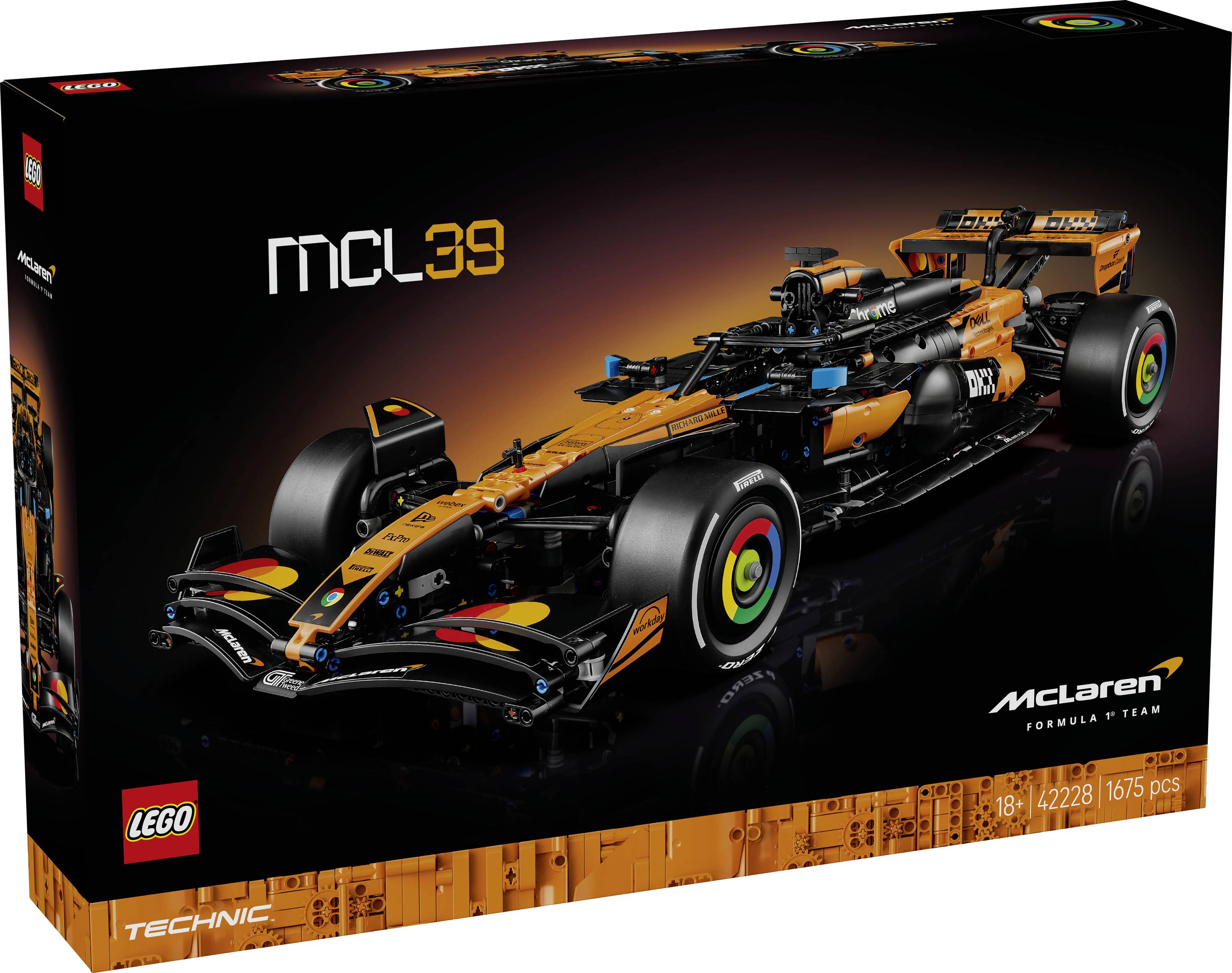 'Sada Lego Technic McLaren Formula 1 v krabici zobrazující detailní model závodního vozu s aerodynamickým designem a technickými prvky.'