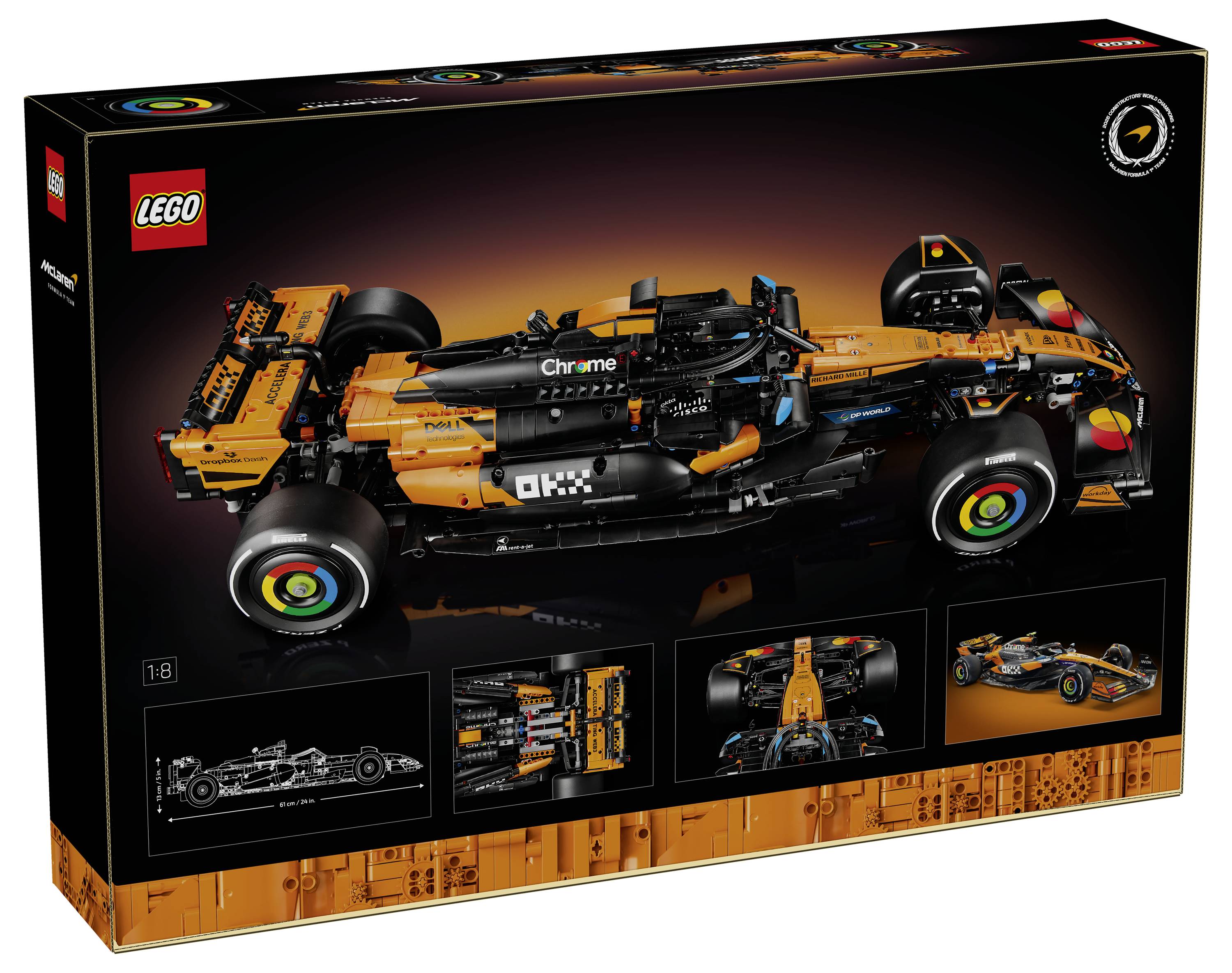 Krabice sady LEGO zobrazující detailní model závodního vozu McLaren Formule 1 v černé a oranžové barvě. Obsahuje obrázky modelu z různých úhlů pohledu.
