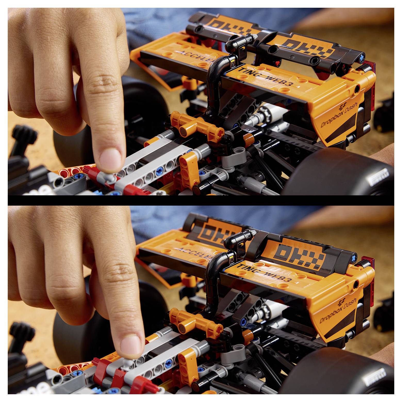 Prst ukazuje na nastavitelný podvozek na detailním modelu oranžového závodního vozu, který vykazuje jeho mechaniku a konstrukční prvky.
