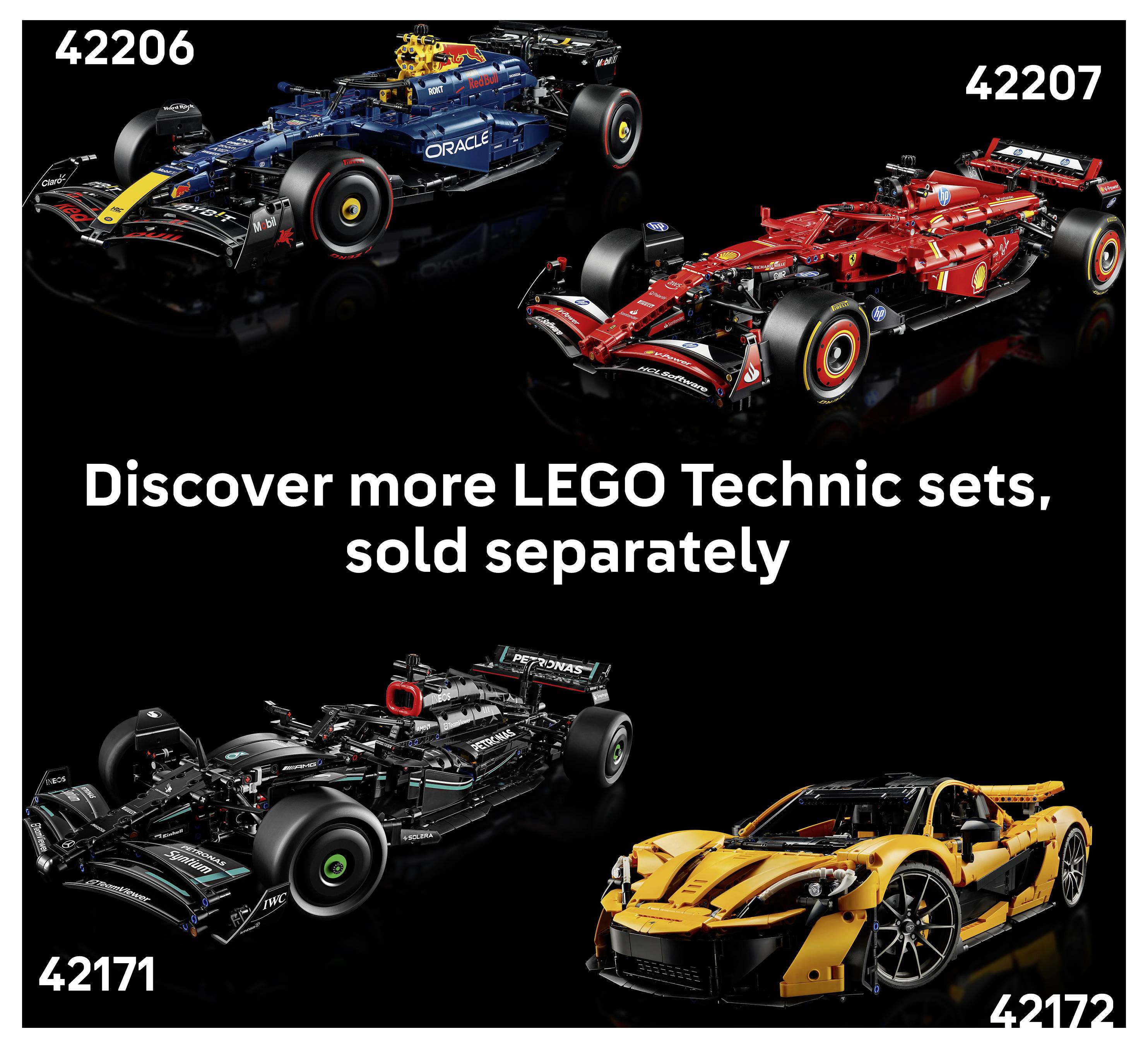LEGO Technic modely závodních automobilů na černém pozadí, označené čísly sad 42206, 42207, 42171, 42172. Text: 'Objevte více sad LEGO Technic, prodávané samostatně.'