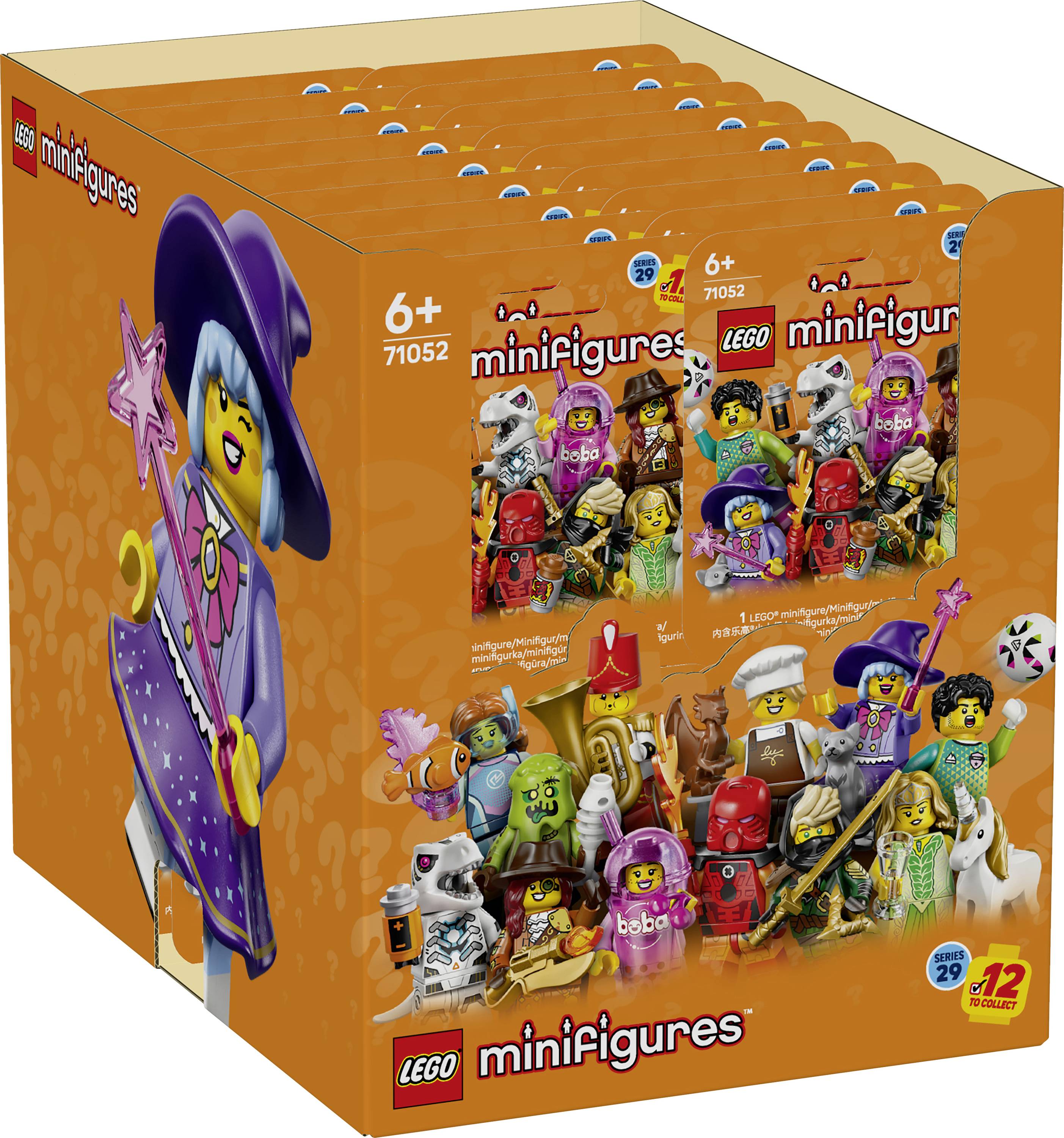 Vitríny s neprůhlednými balíčky LEGO Minifigures Series 29 v oranžové barvě, zobrazující 12 sběratelských figurek a číslo sady 71052 pro věk 6+