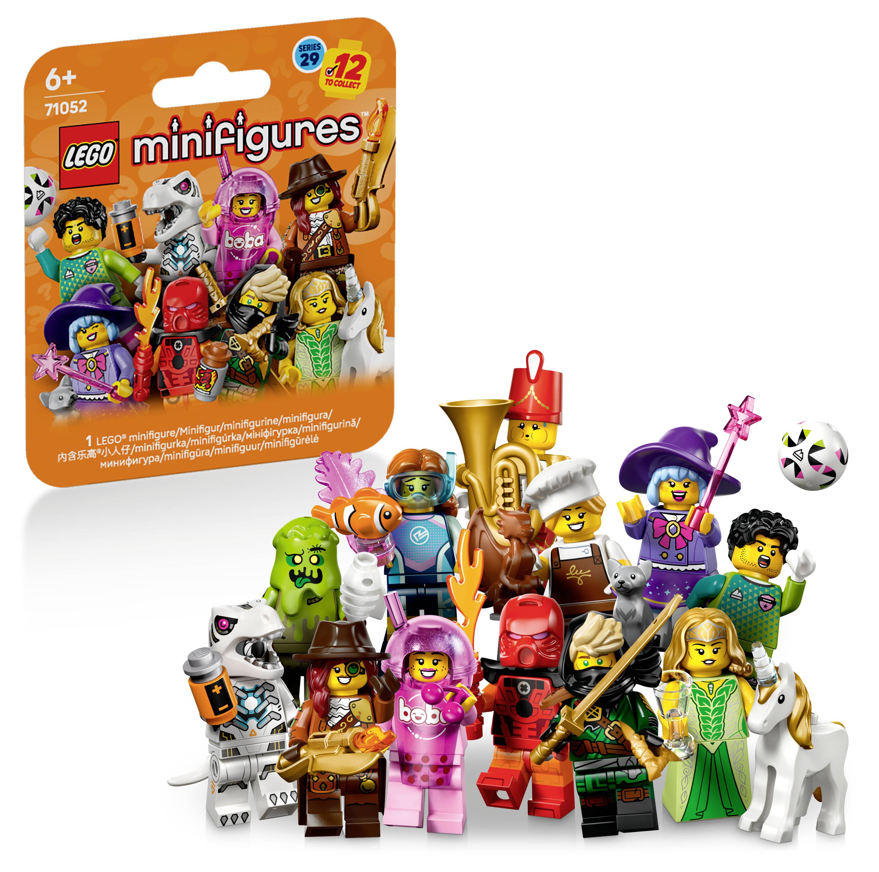 LEGO Minifigury série 29 balíček slepého pytlíku zobrazený s různorodými sběratelskými minifigurkami uspořádanými níže na bílém pozadí.