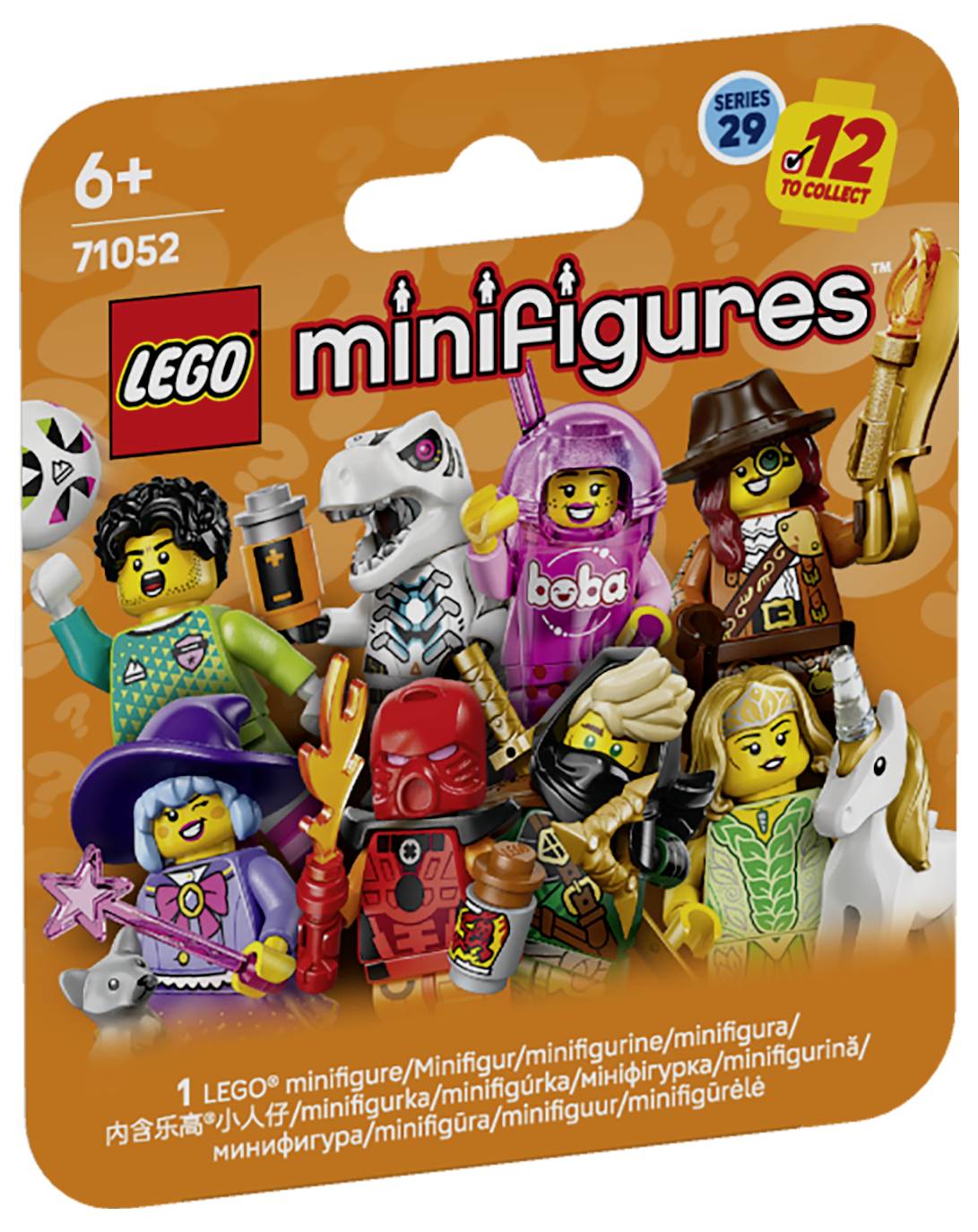 Krabice slepého balení LEGO Minifigures série 29 s průhledem zobrazující 12 sběratelných postav, věk 6+, sada 71052.