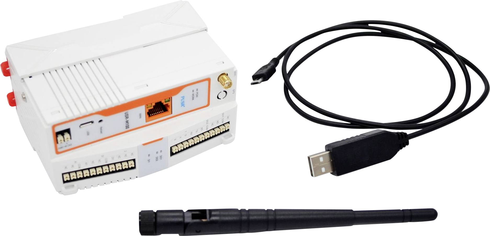 Bílé elektronické zařízení s oranžovými detaily a porty, černá anténa a kabel USB. Pravděpodobně součást komunikačního nebo řídícího systému.