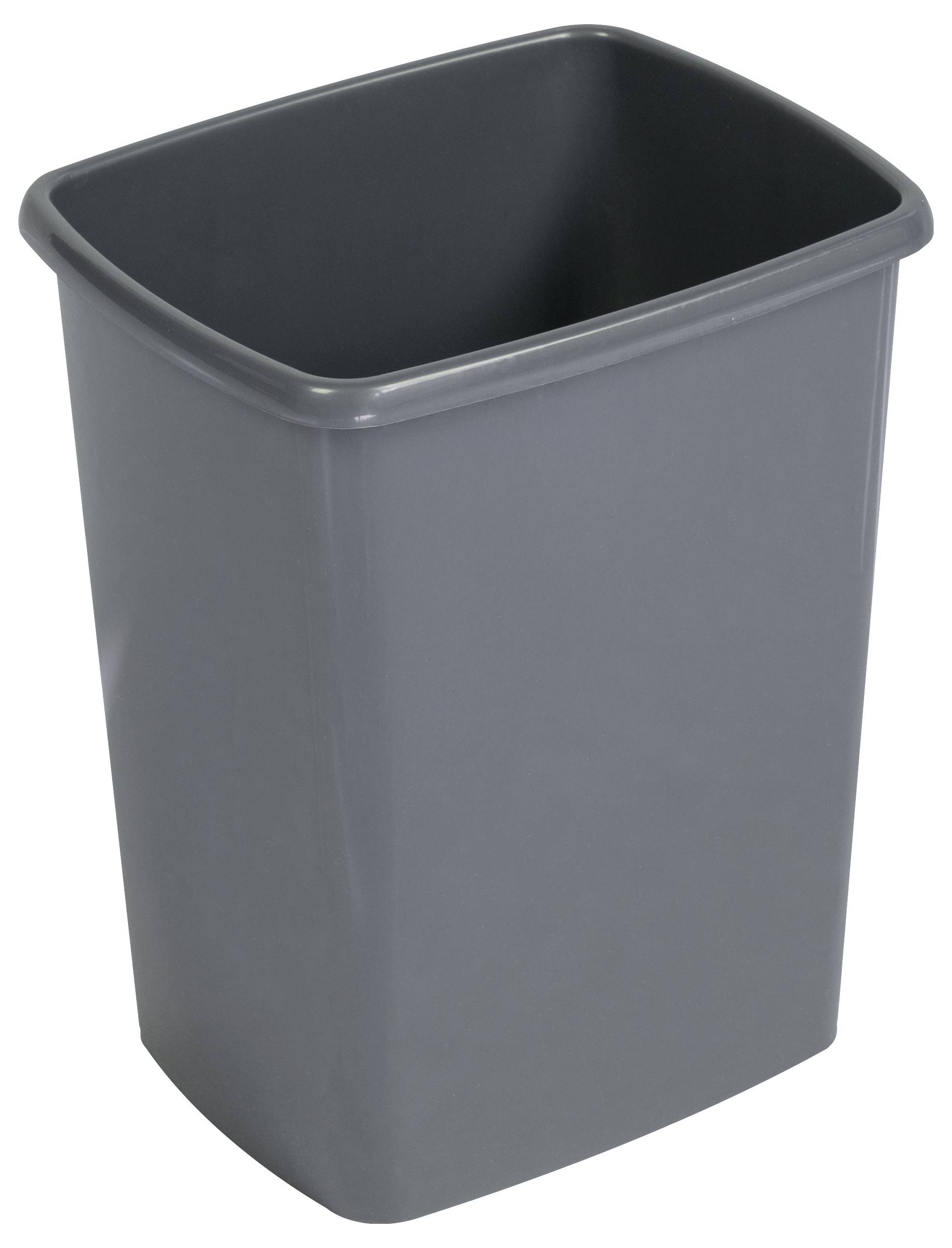Šedý obdélníkový plastový koš na odpadky s hladkými hranami a mírně zaoblenými rohy.