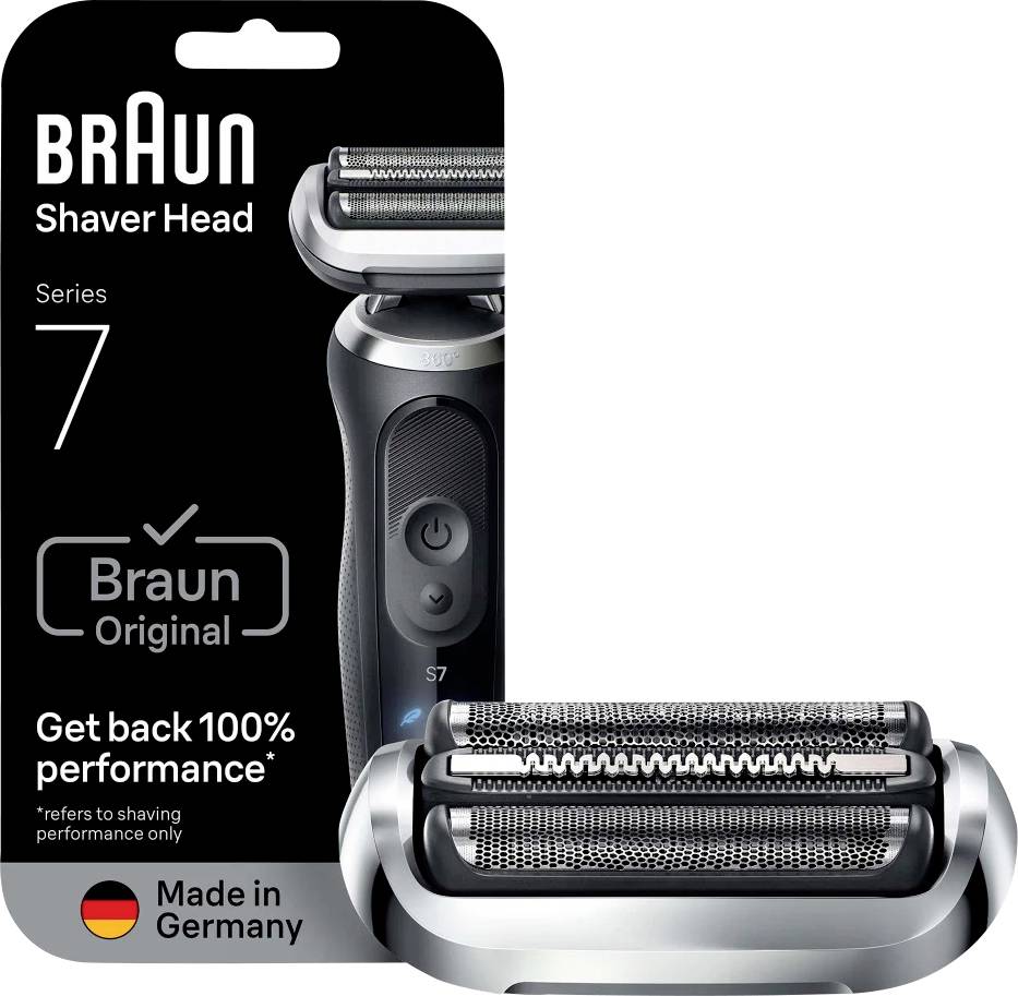 Balení a produkt 'Braun Series 7 Shaver Head'. 'Obnovte si 100% výkon'. Vyrobeno v Německu. Stříbrnočerný holící přístroj s texturovanou fólií.