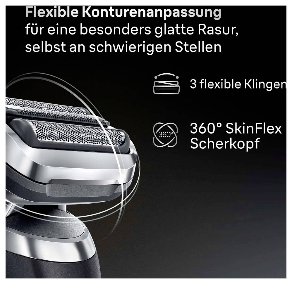 Elektrický holící strojek s hlavicí "360° SkinFlex" a "3 flexibilními čepelemi" pro hladké holení, zvýrazněno v německém textu výše.