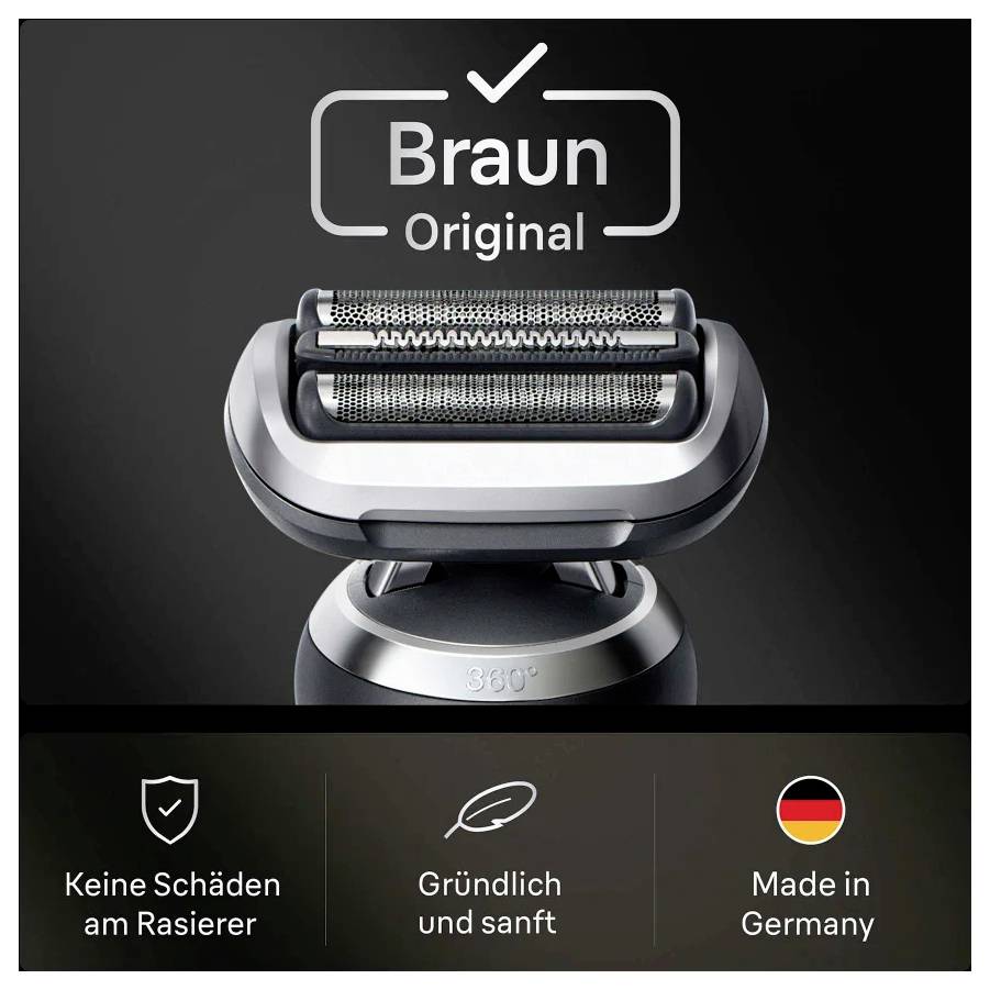 Obrázek elektrického holicího strojku "Braun Original"; zdůrazňuje hladké holení, výrobu v Německu a záruky bez poškození v německém textu.