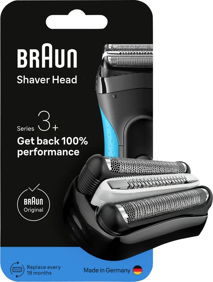 Balíček "Braun Shaver Head Series 3+". Mezi hlavní body patří "Získejte zpět 100% výkonu" s obrázkem hlavice holícího strojku. Vyrobeno v Německu.