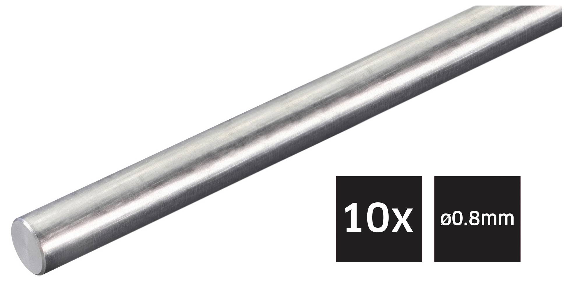 Stříbrná kovová tyč zobrazená diagonálně s označením '10x' a 'Ø0,8mm' udávající množství a průměr.