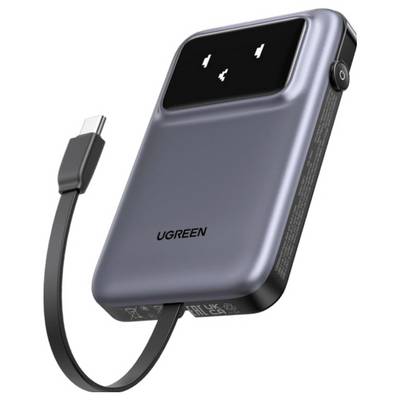 UGREEN powerbanka s vestavěným kabelem a digitálním displejem zobrazujícím tři ikony baterie, které ukazují stav nabití.